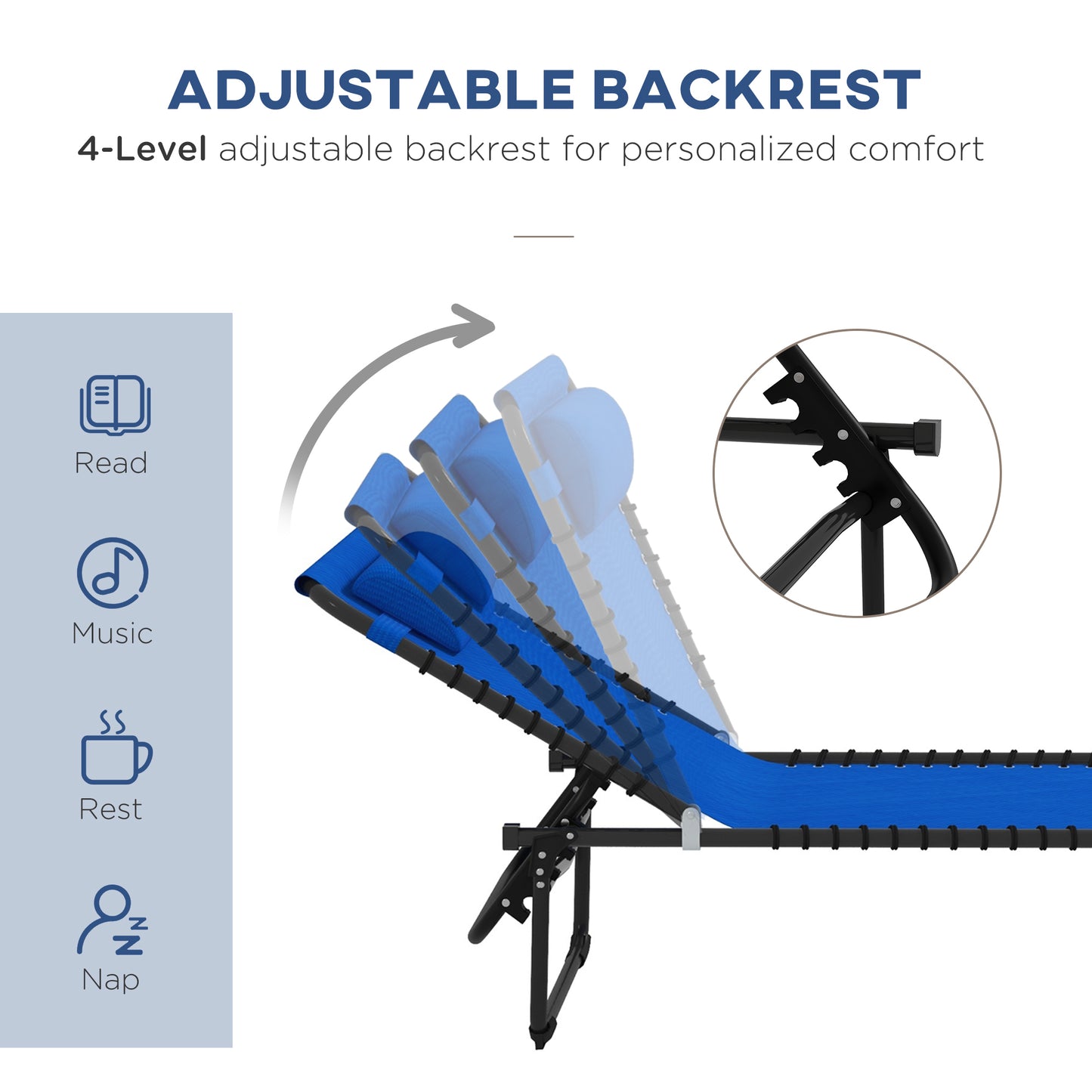 Blue fabric zero gravity chair with adjustable reclined backrest for comfort