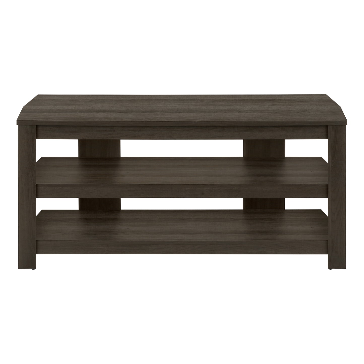Dark gray wood entertainment center with three open shelves