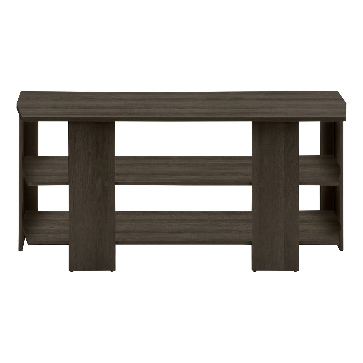 Dark gray wood console table with three open shelves and a spacious top surface