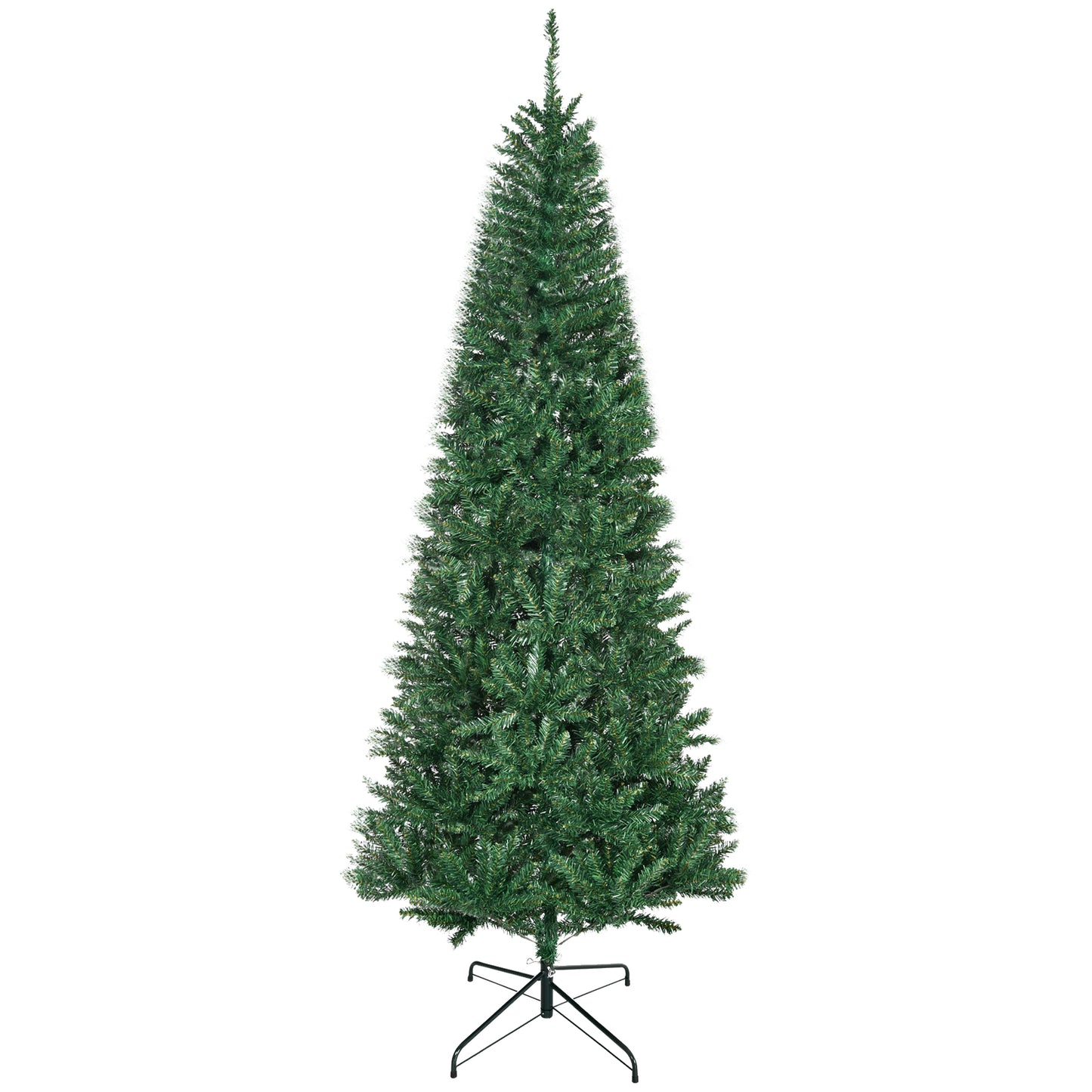Full view of a tall slender green artificial Christmas tree with a black metal stand