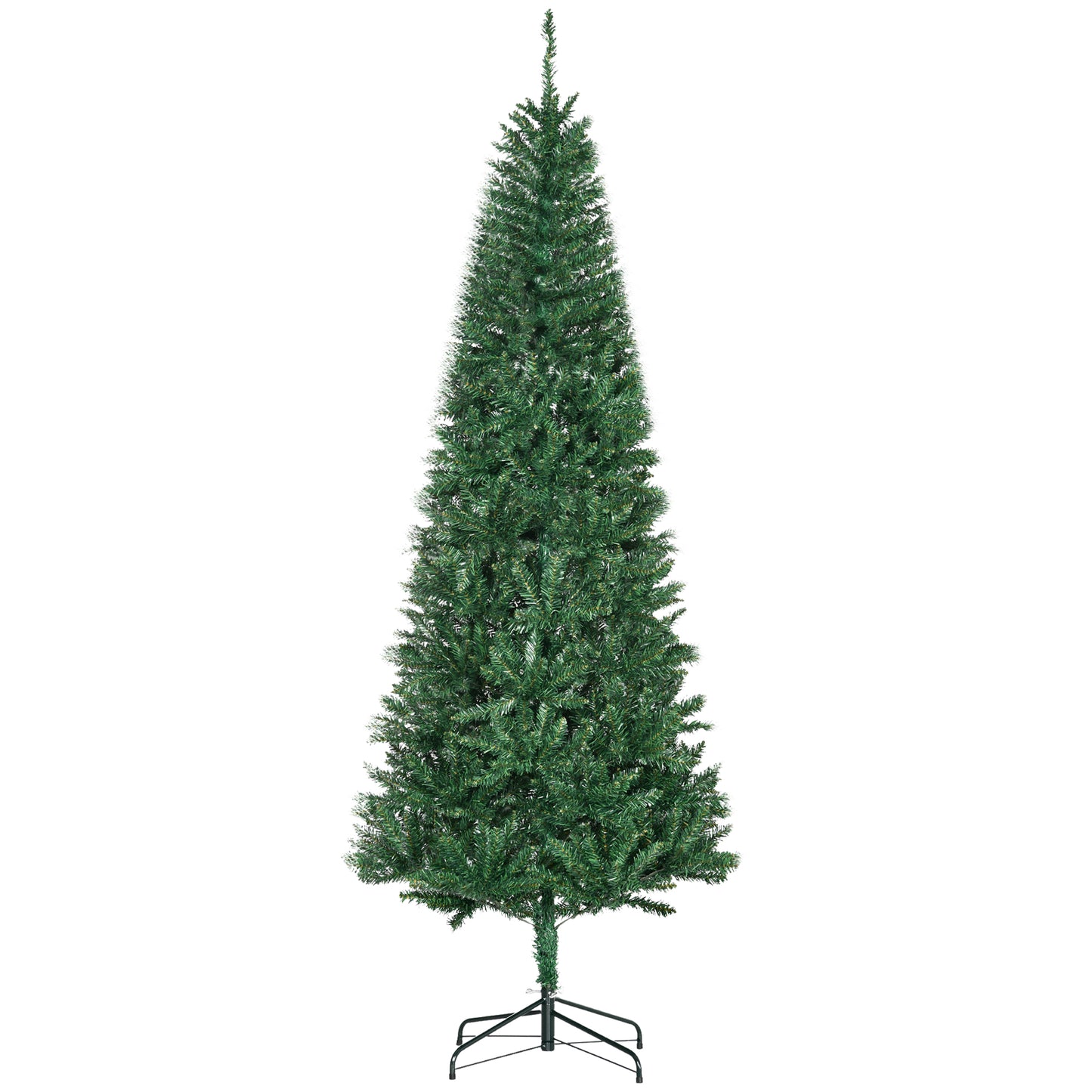 Green artificial Christmas tree with a slender profile on a black stand