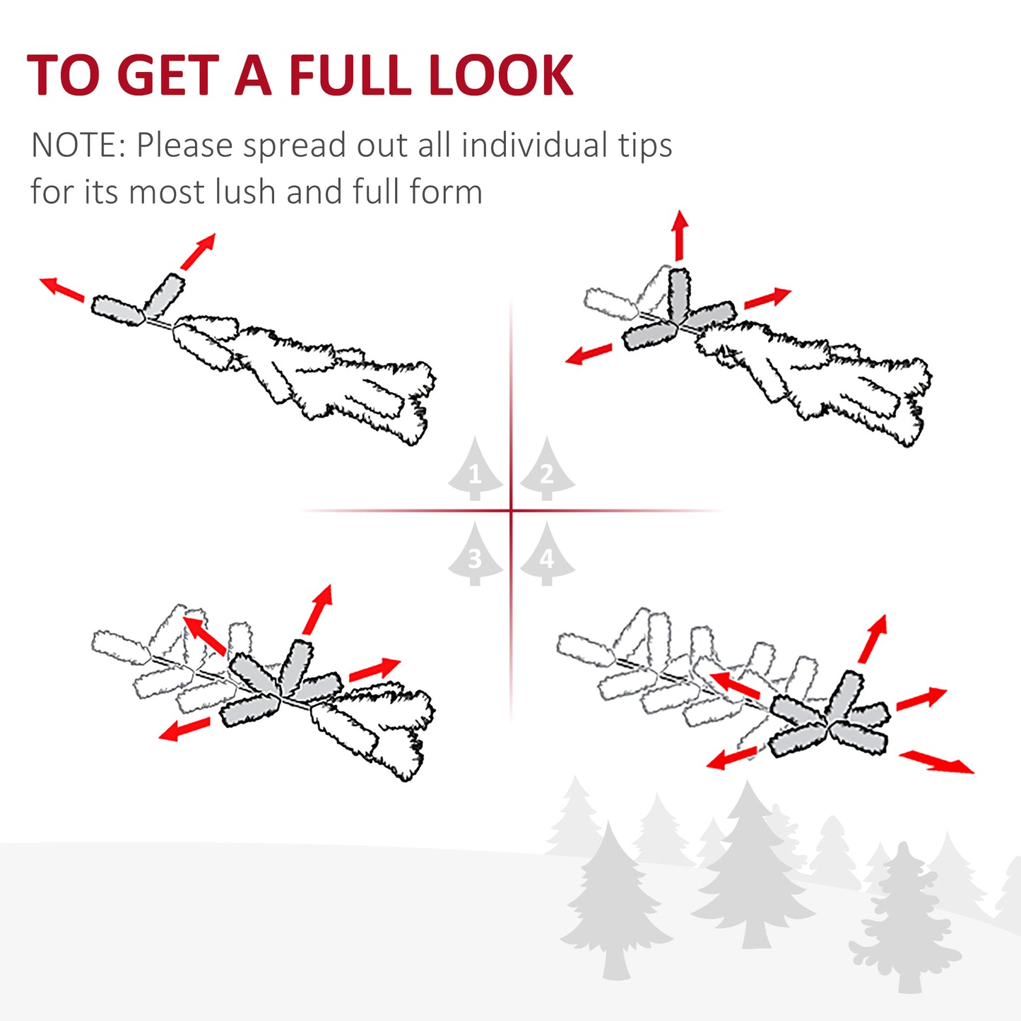 Illustration of pine branches with red arrows indicating fluffing for Christmas tree tips