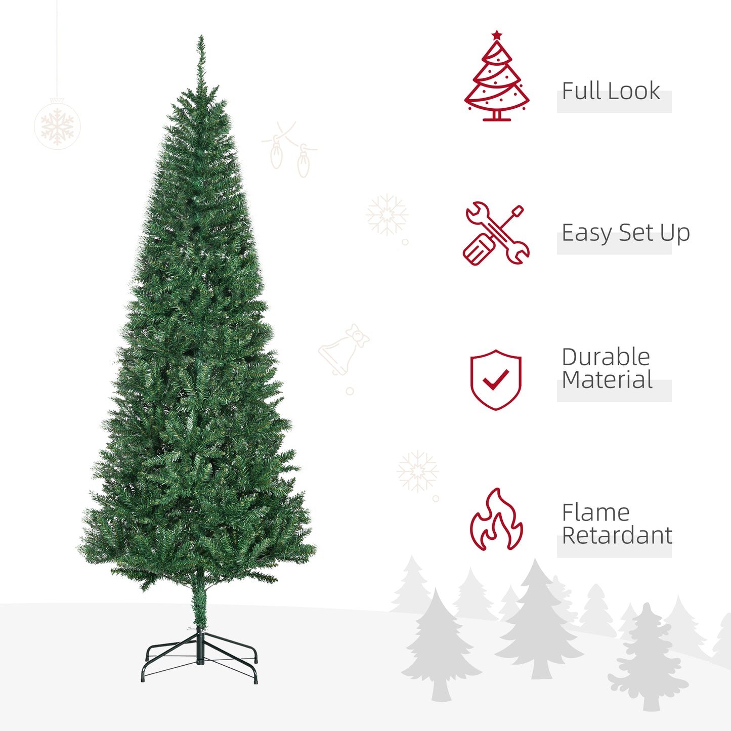 Green artificial Christmas tree with a metal stand full shape and dense branches