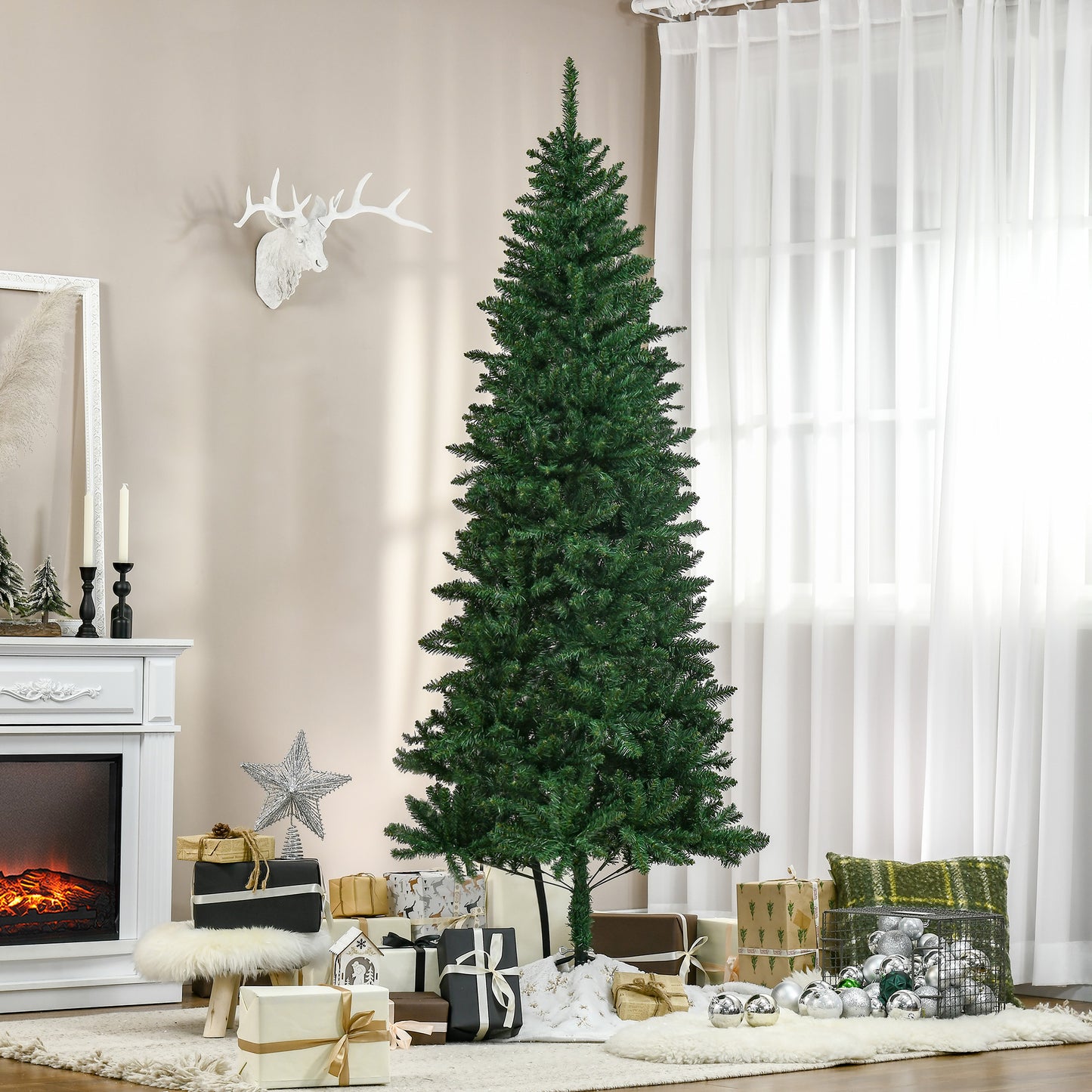Tall slim artificial Christmas tree with dense green PVC needles perfect for festive decor