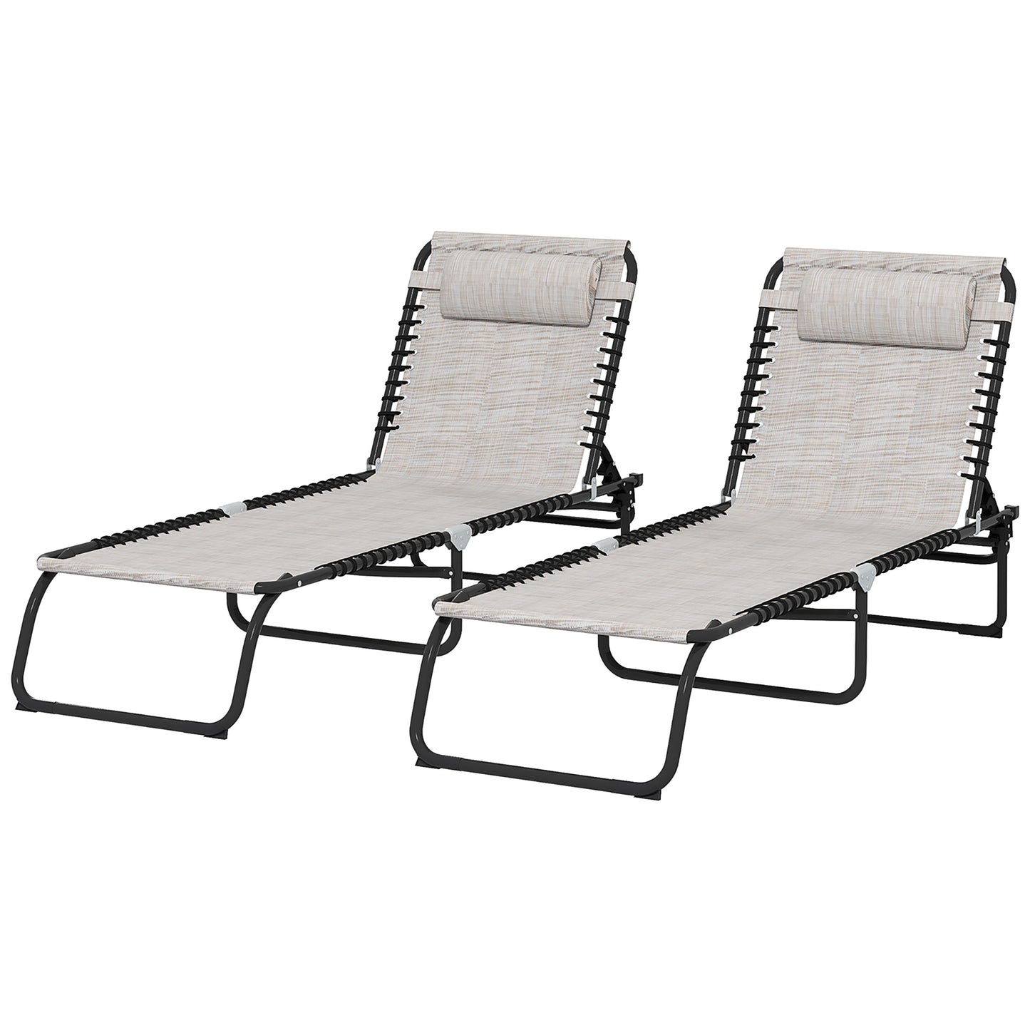 Two beige fabric lounge chairs with adjustable headrests and black metal frames