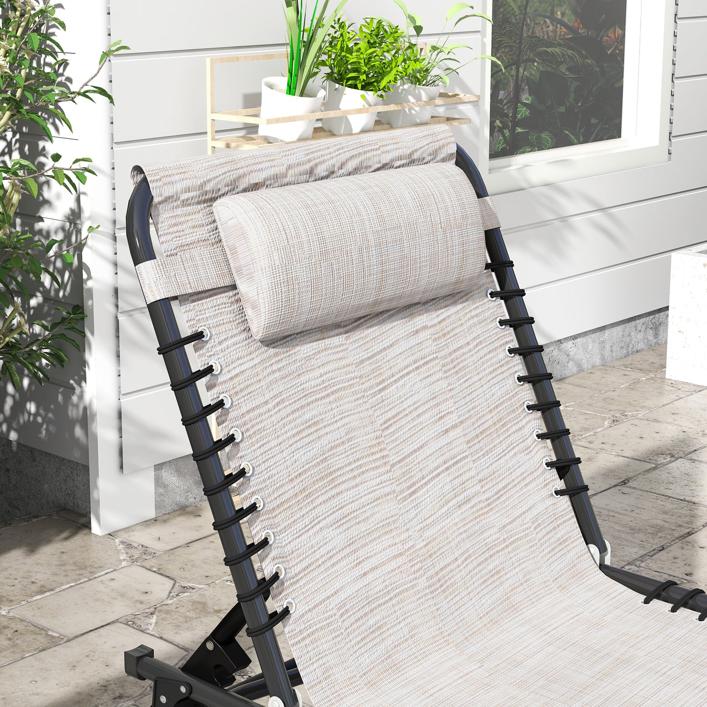 Tan textured fabric zero gravity chair with black frame and detachable headrest
