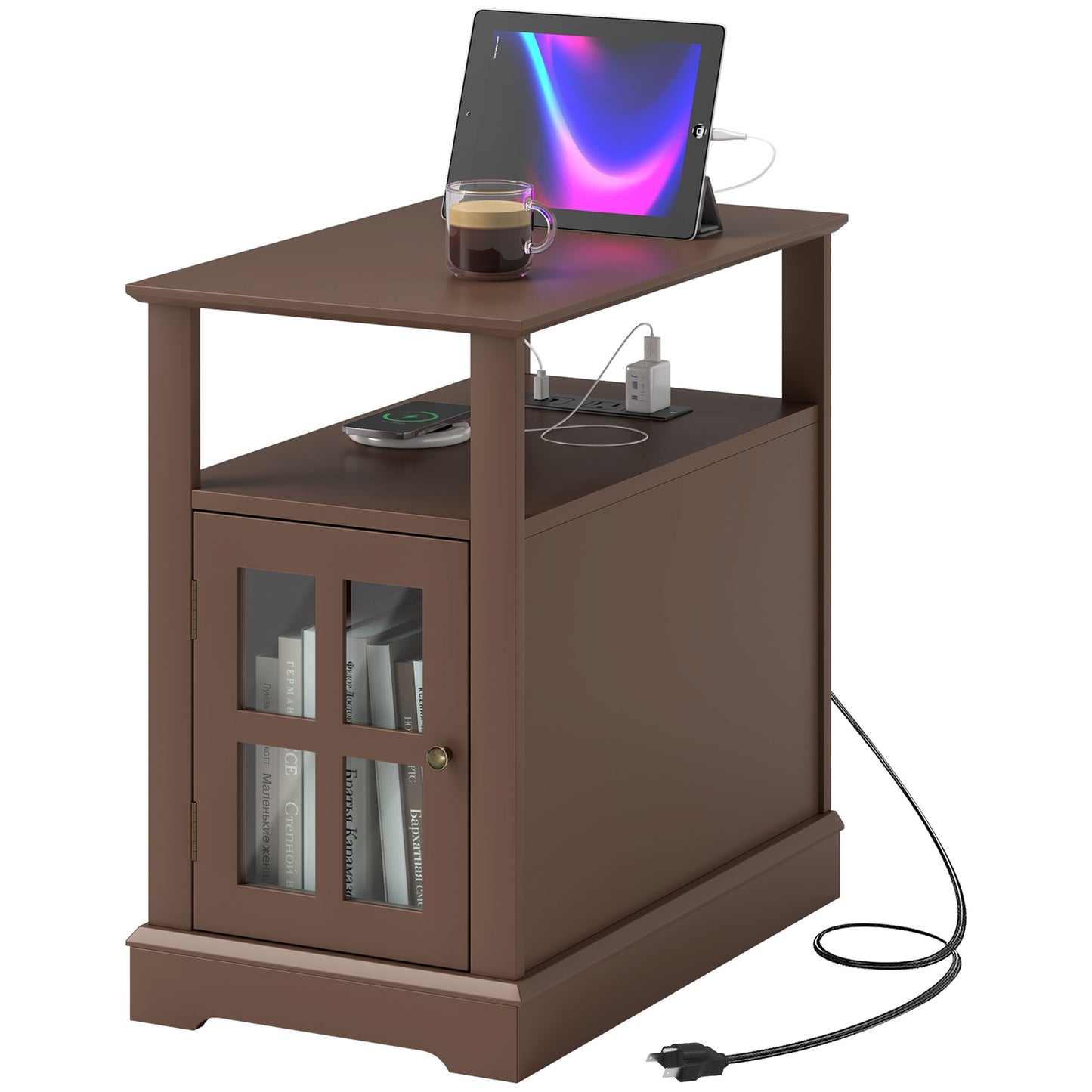 Brown wood end table with builtin charging station and tablet