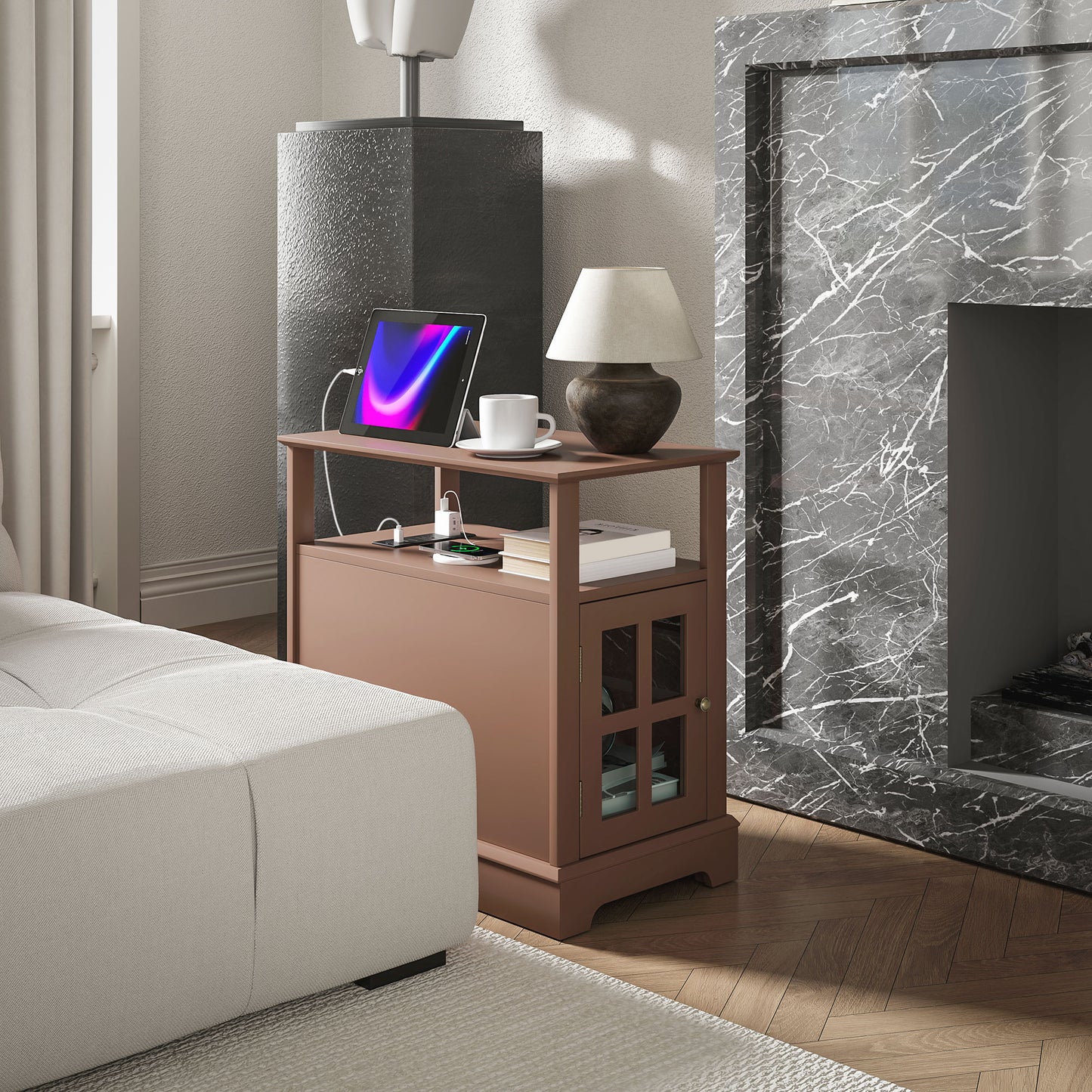 Brown end table with builtin USB charging ports a drawer and glasspaneled cabinet door for living room organization
