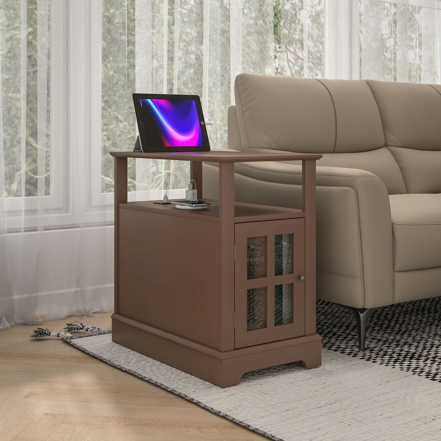 Brown wooden end table with integrated charging station and glasspaneled cabinet