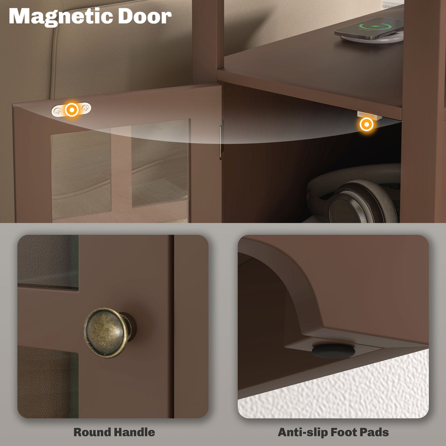 Brown furniture with magnetic door closure mechanism and integrated LED light