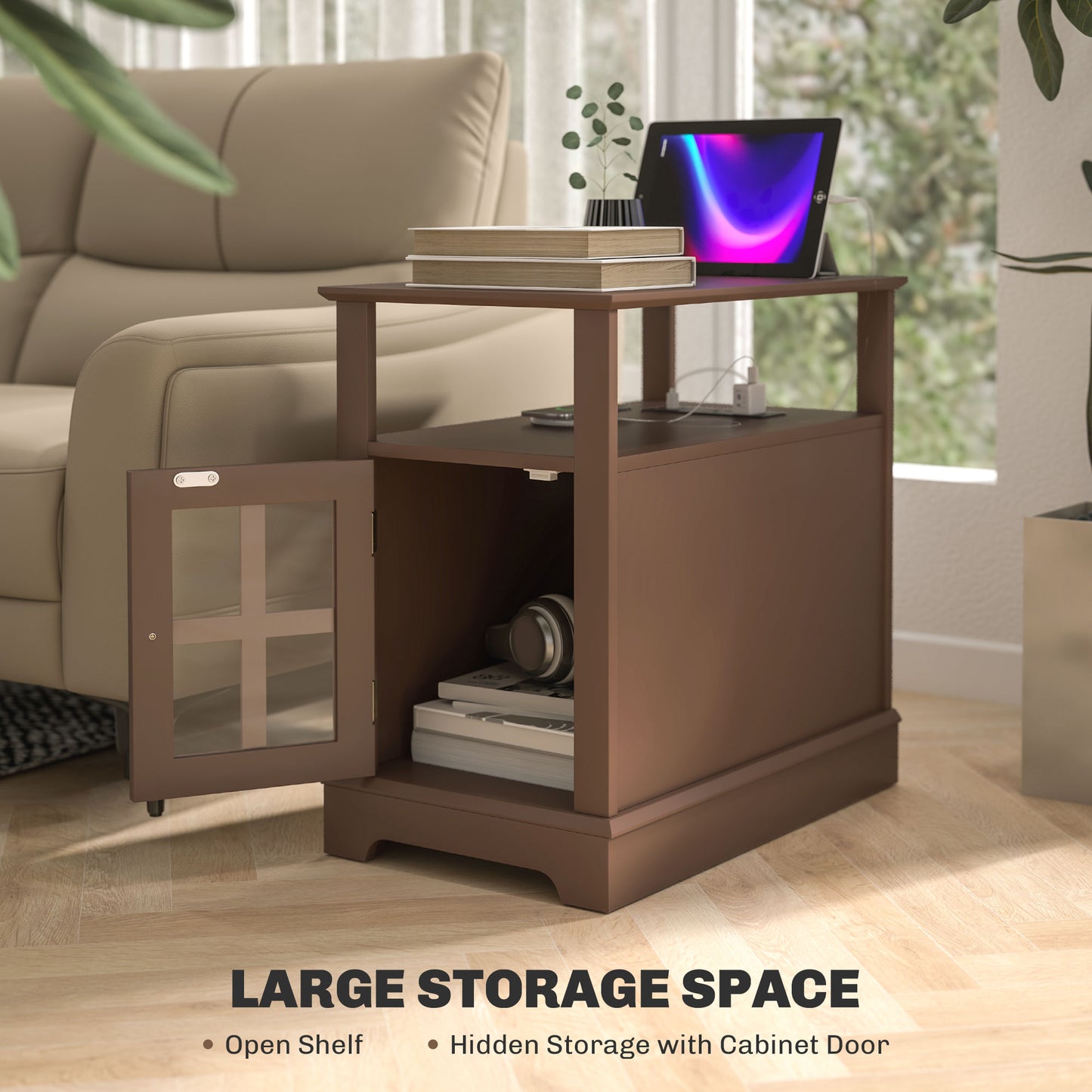 Brown side table with open cabinet door and stacked books