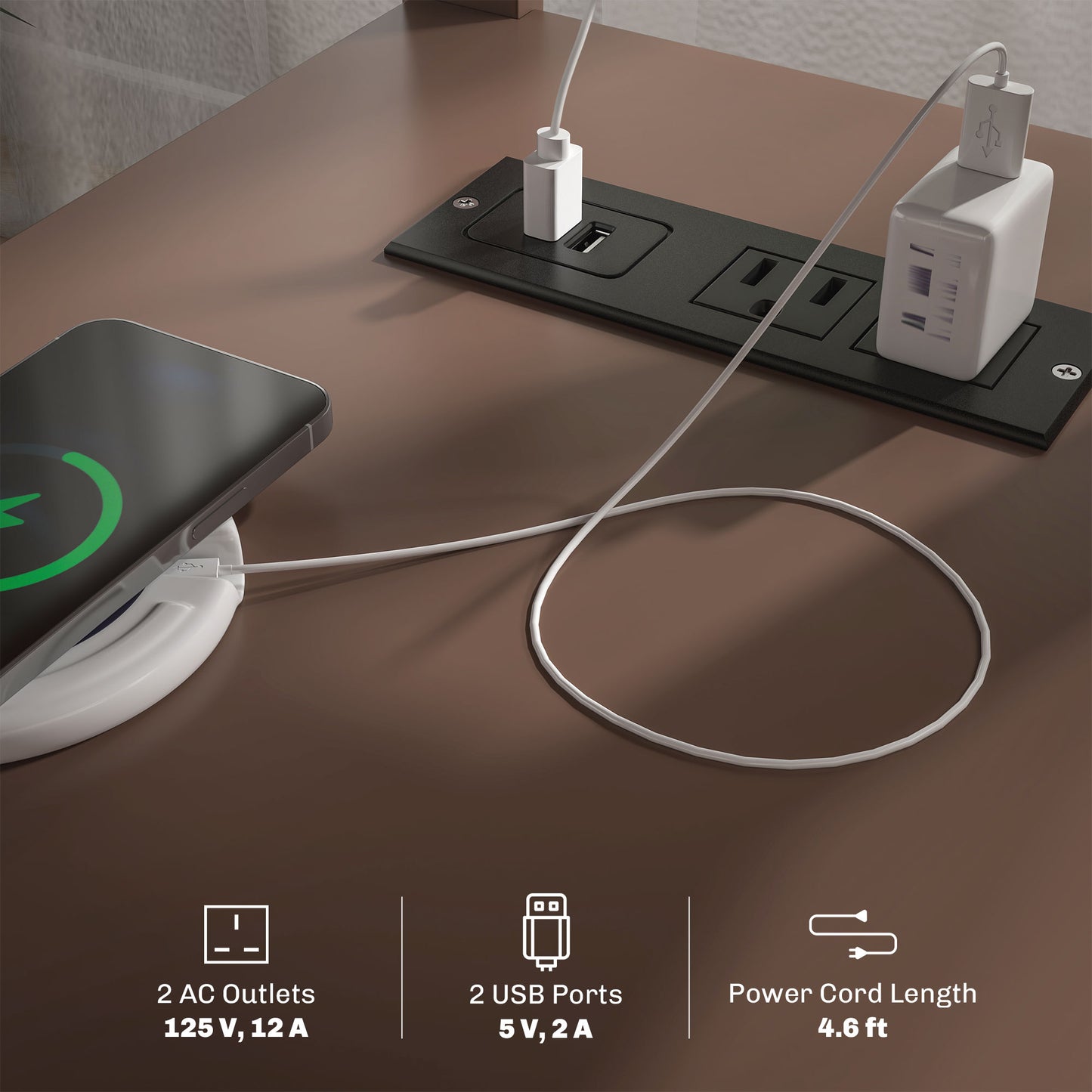 Recessed power grommet with AC outlets and USB ports for charging electronics