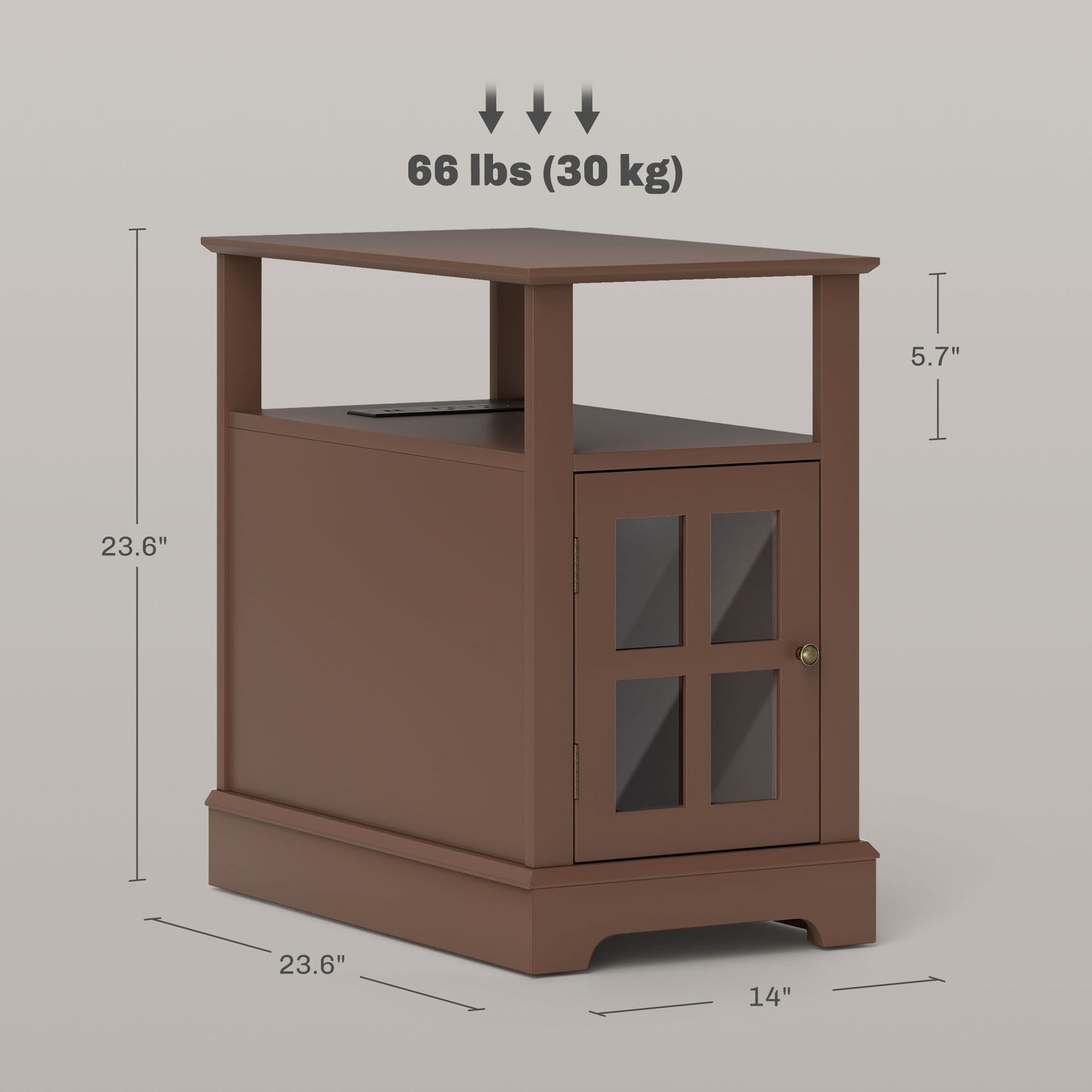 Brown accent table with glasspaneled door and open top shelf