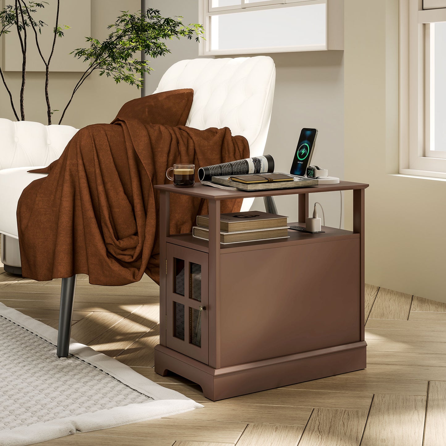 Brown end table with builtin charging station and glasspaneled cabinet ideal for modern living rooms