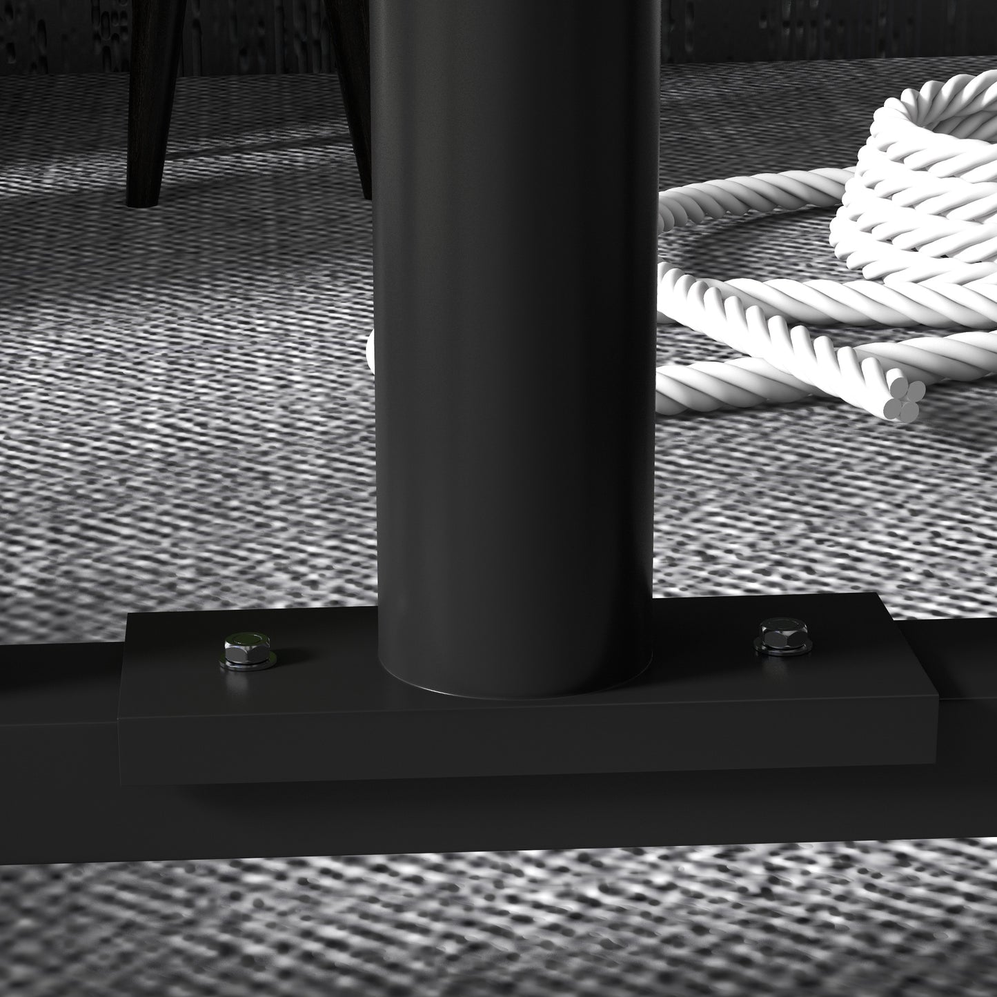 Black metal pole with secure bolt assembly on textured carpet