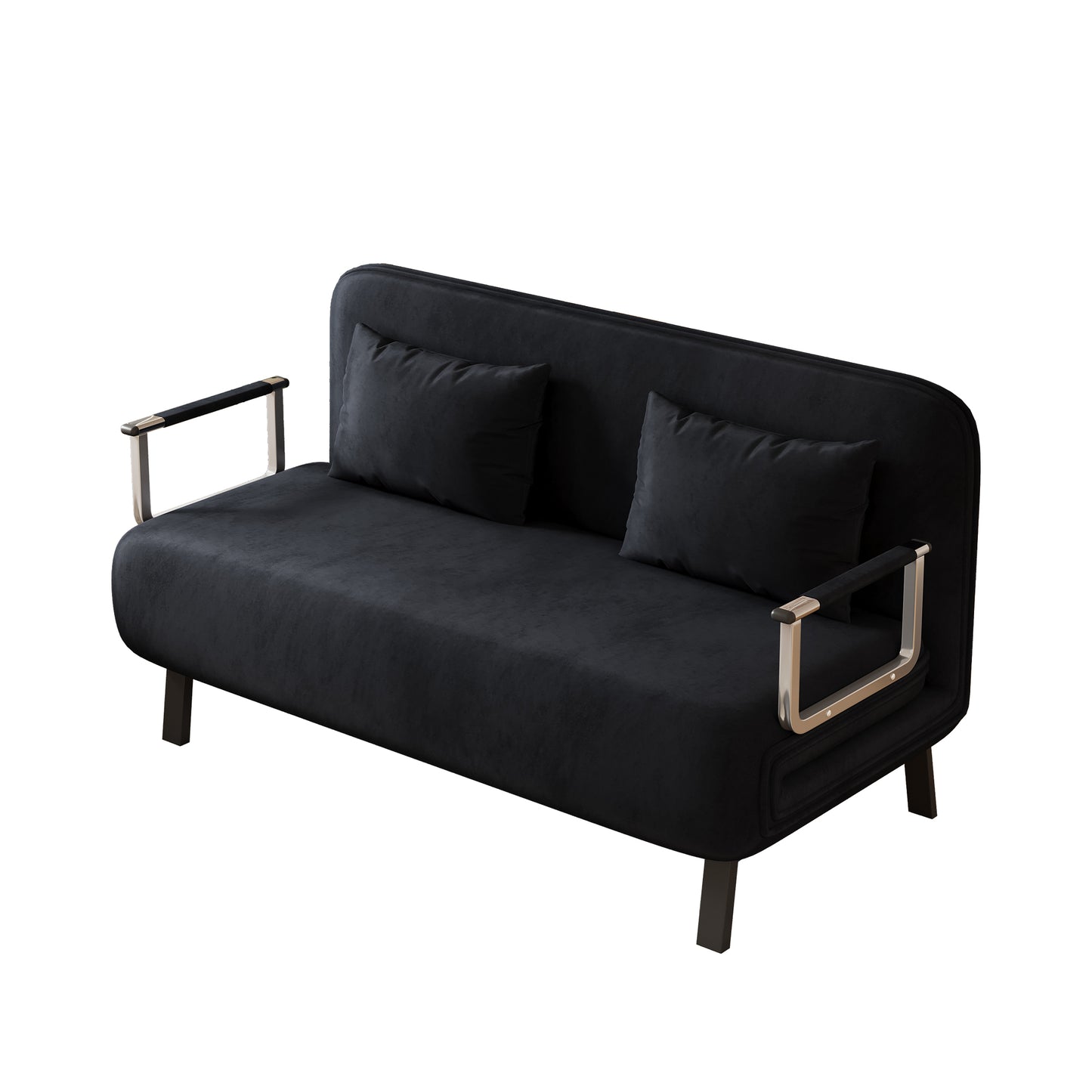 Black velvet sofa bed with chrome armrests and two matching pillows