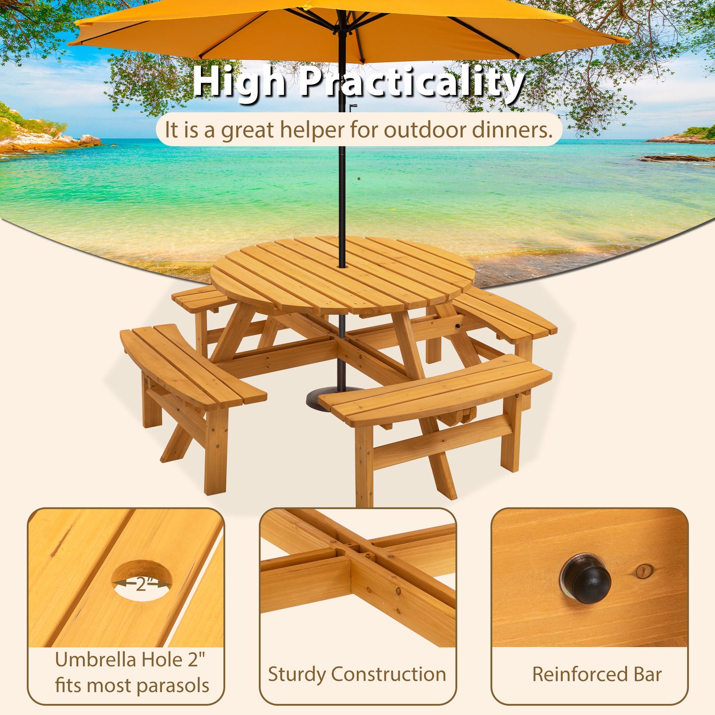 Round wooden picnic table with attached benches featuring a inch umbrella hole