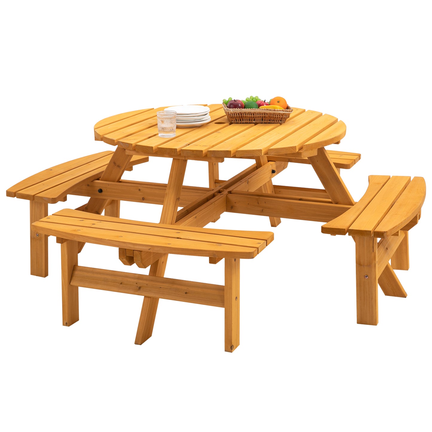 Round wooden picnic table with integrated benches perfect for outdoor dining