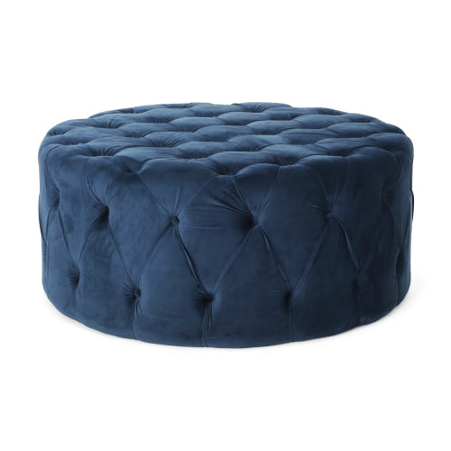 Navy blue velvet tufted round ottoman