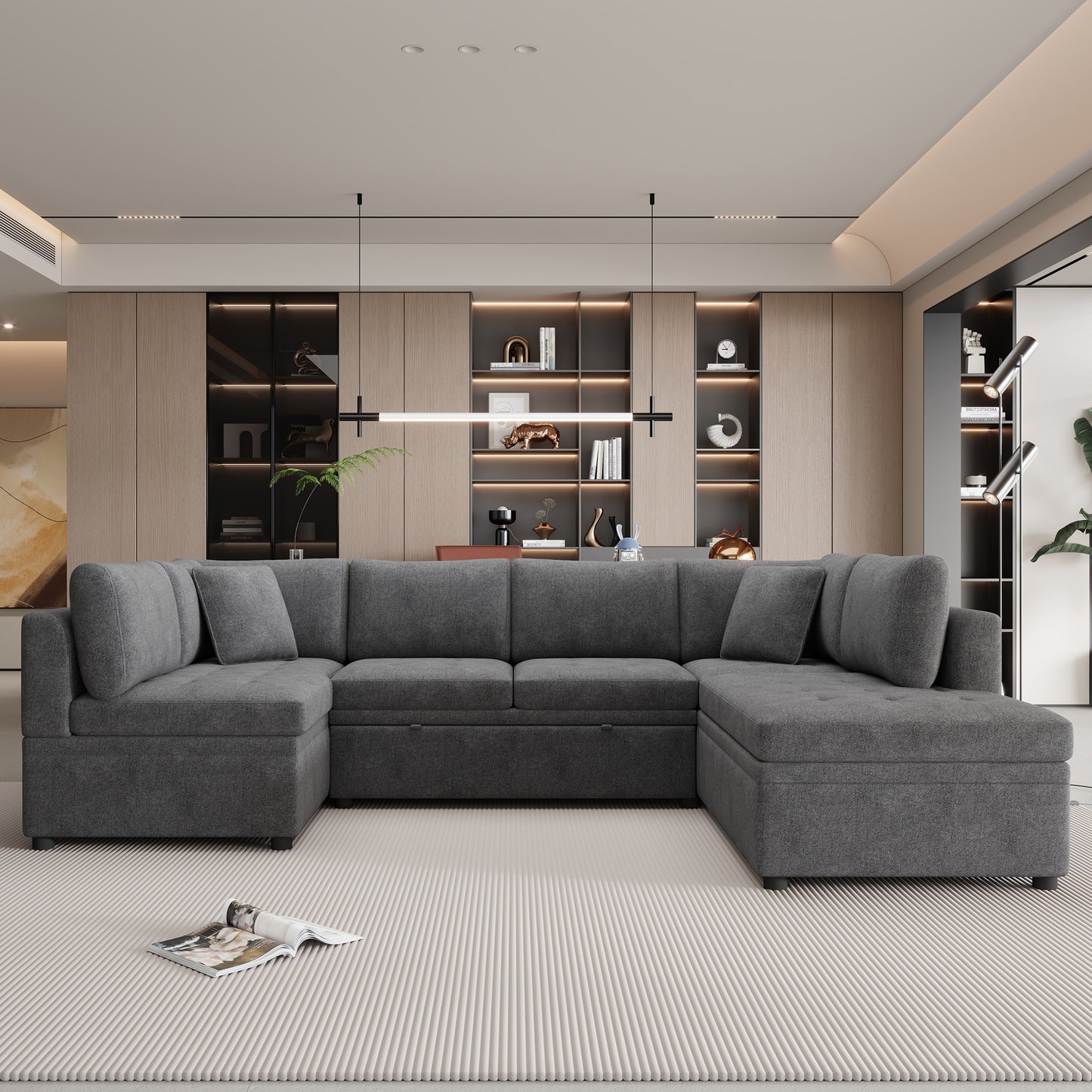 Dark gray fabric Ushaped sectional sofa with storage chaise and tufted cushions