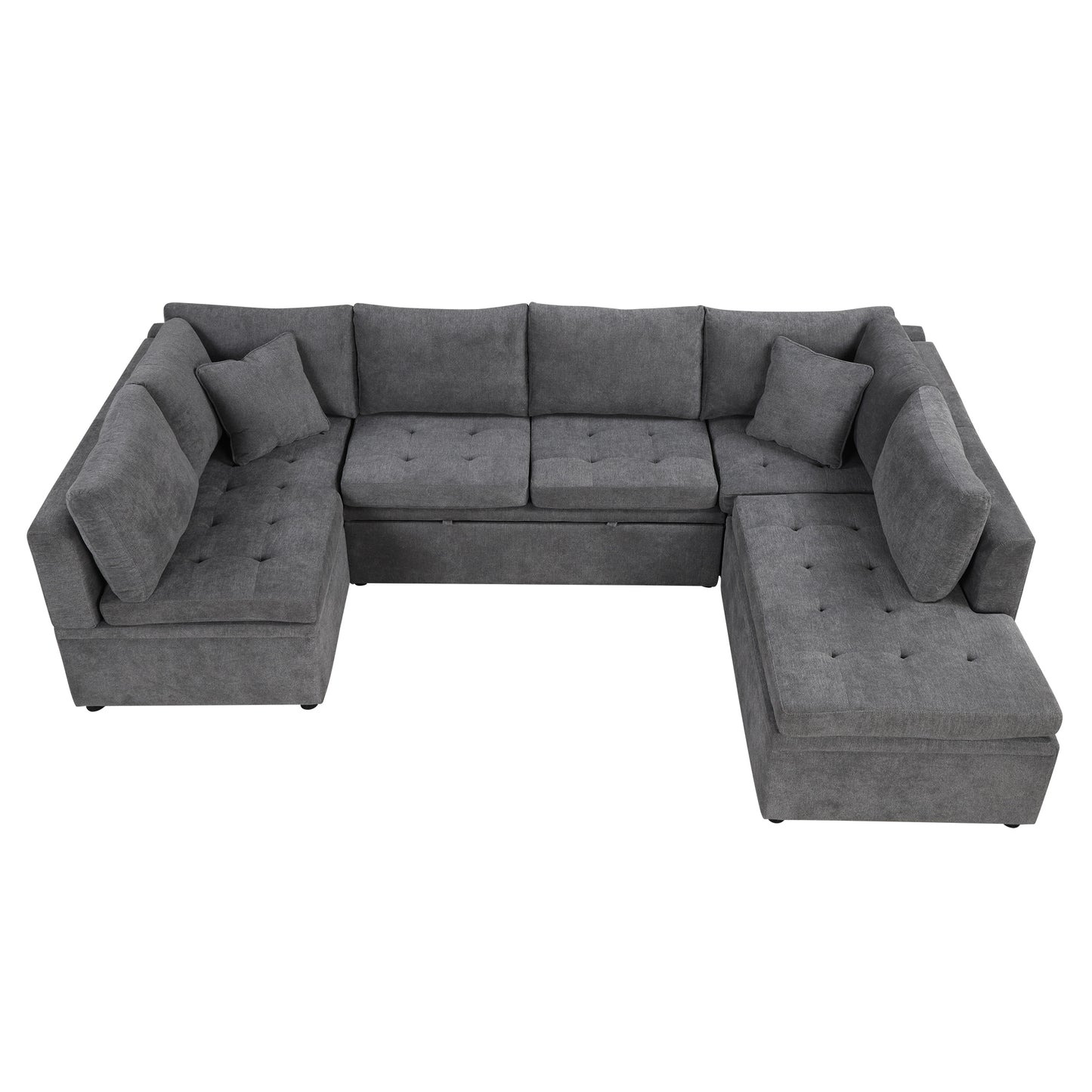 Ushaped charcoal grey fabric sectional sofa with tufted seats and multiple cushions