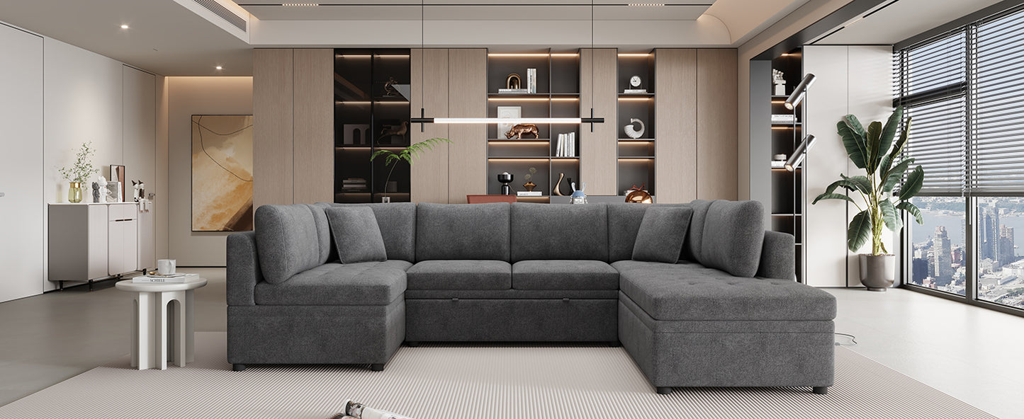 Ushaped sectional sofa in charcoal grey fabric with tufted seat cushions and hidden storage compartments