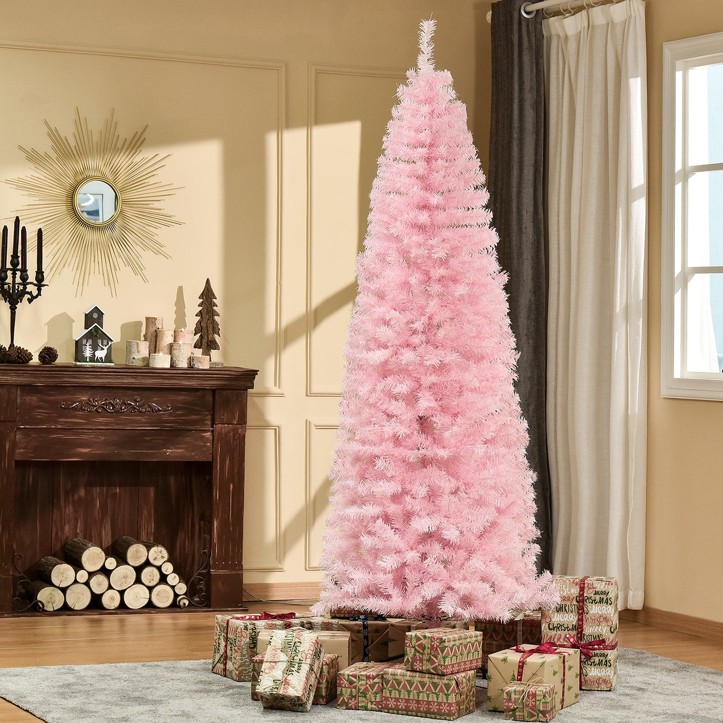 Tall slender pink artificial Christmas tree with dense branches perfect for festive decor