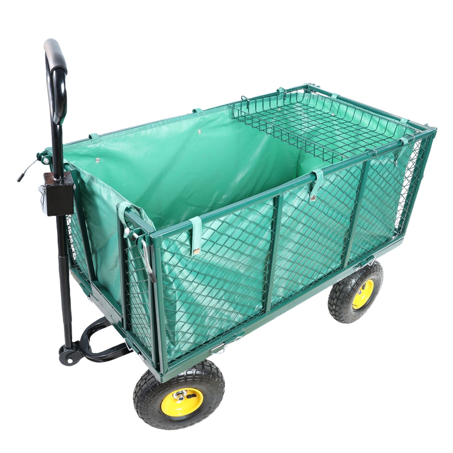 Green garden wagon with durable fabric liner and sturdy wire mesh sides for hauling