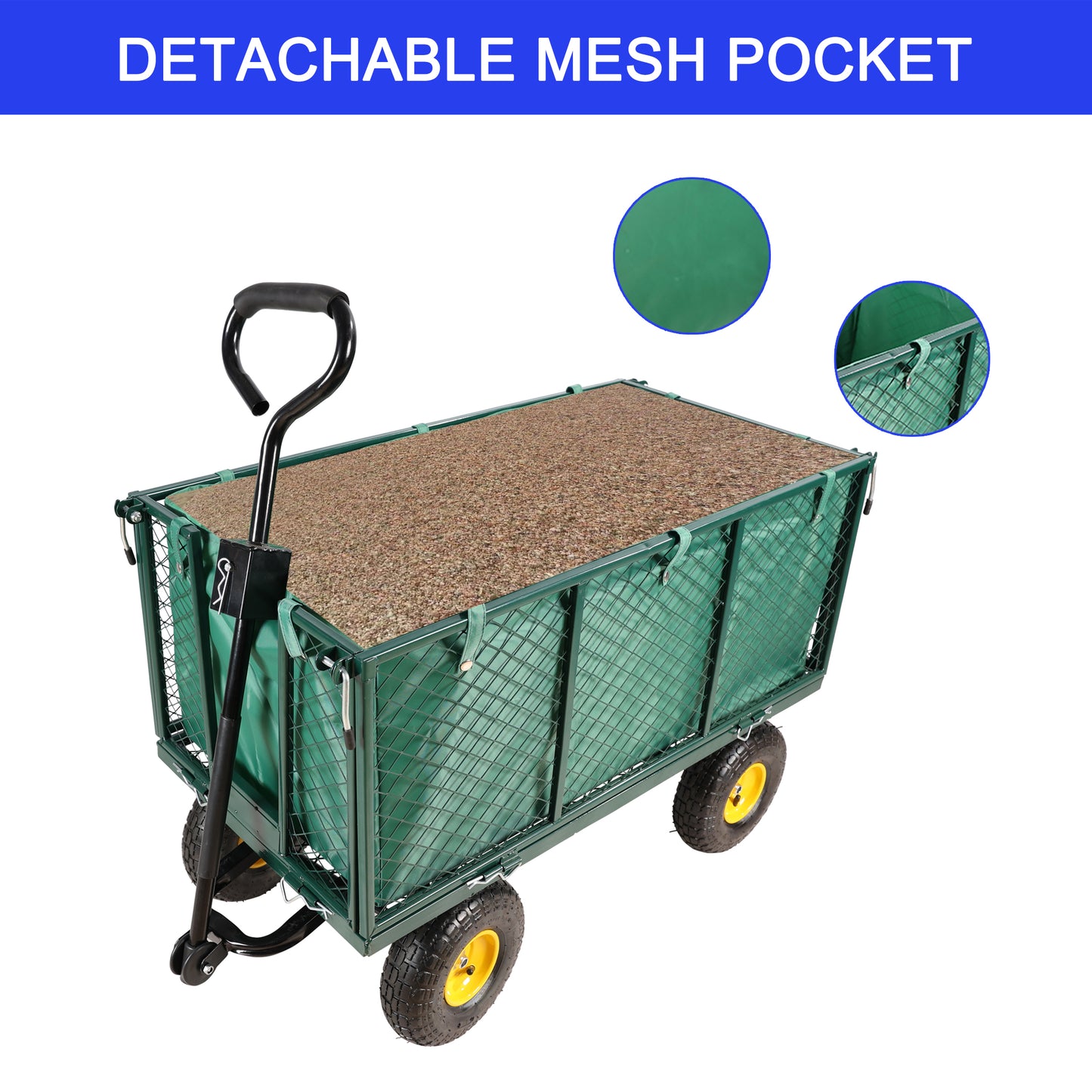 Green garden wagon with detachable mesh pocket sturdy frame and large wheels