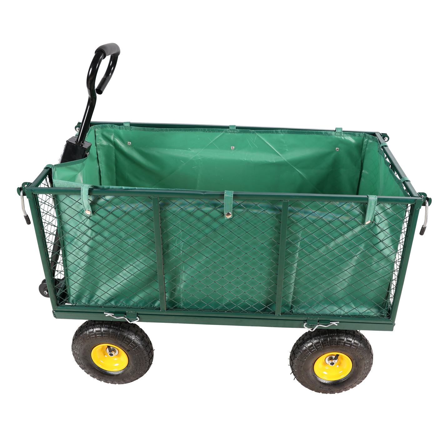Green garden wagon with heavyduty mesh sides and fabric liner ideal for hauling supplies