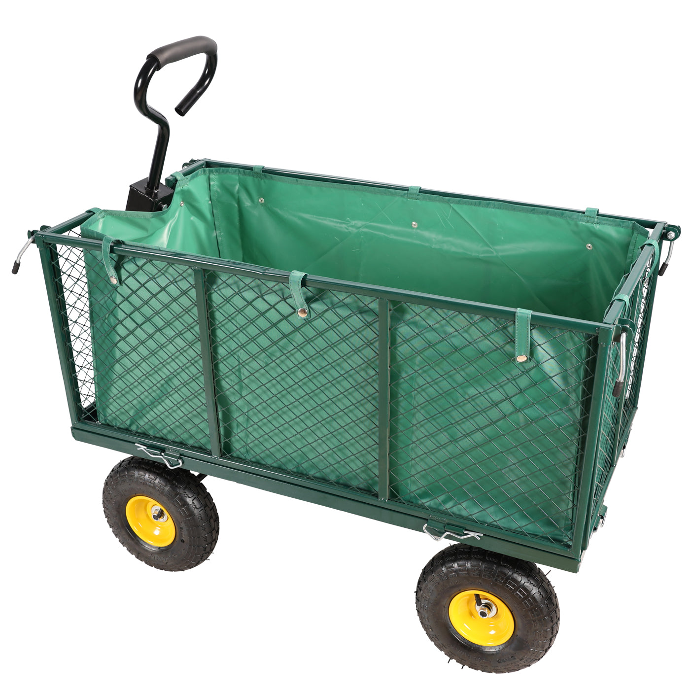 Green garden cart with mesh sides and a removable fabric liner