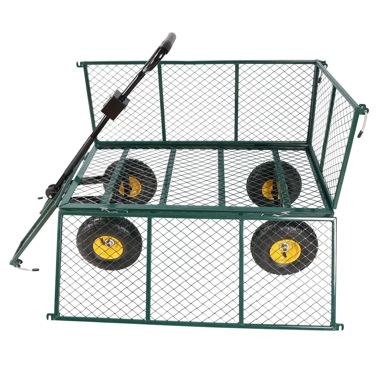 Green metal garden wagon with four heavyduty wheels and a pull handle for easy transport of supplies