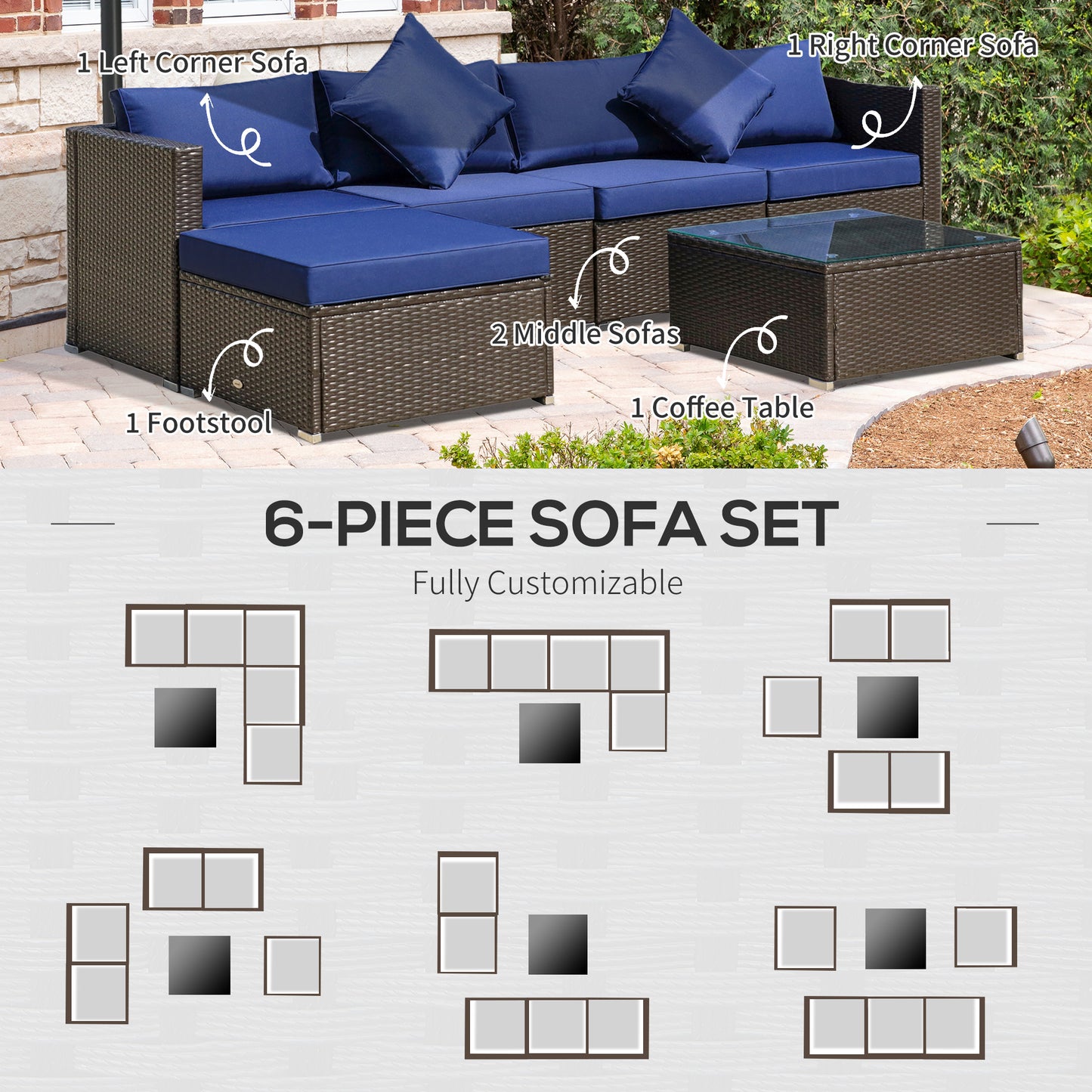 Brown wicker piece outdoor sofa set with navy blue cushions and glass coffee table