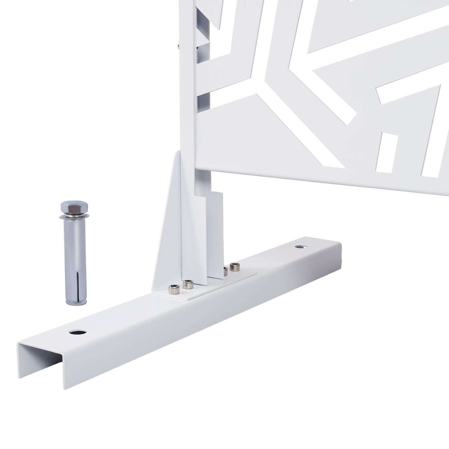White metal privacy screen base with geometric cutout design and included anchor bolt