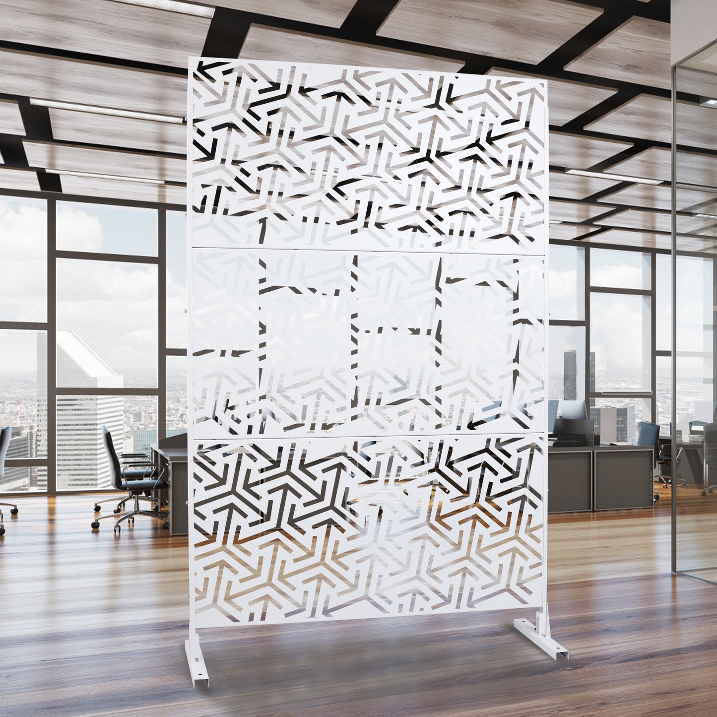 White modern room divider screen with geometric cutout pattern for office spaces