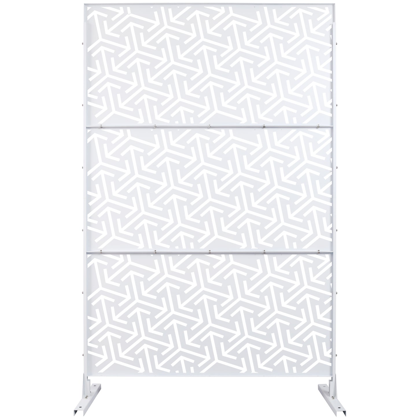 White geometric panel screen with abstract arrow pattern and metal base