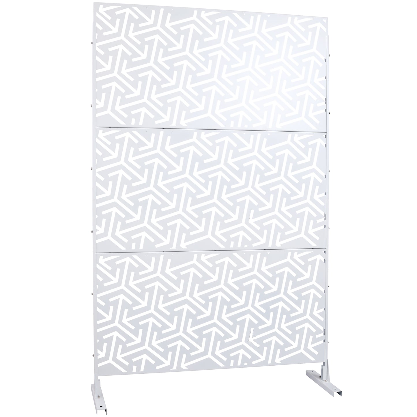White metal privacy screen with geometric cutout pattern for garden use