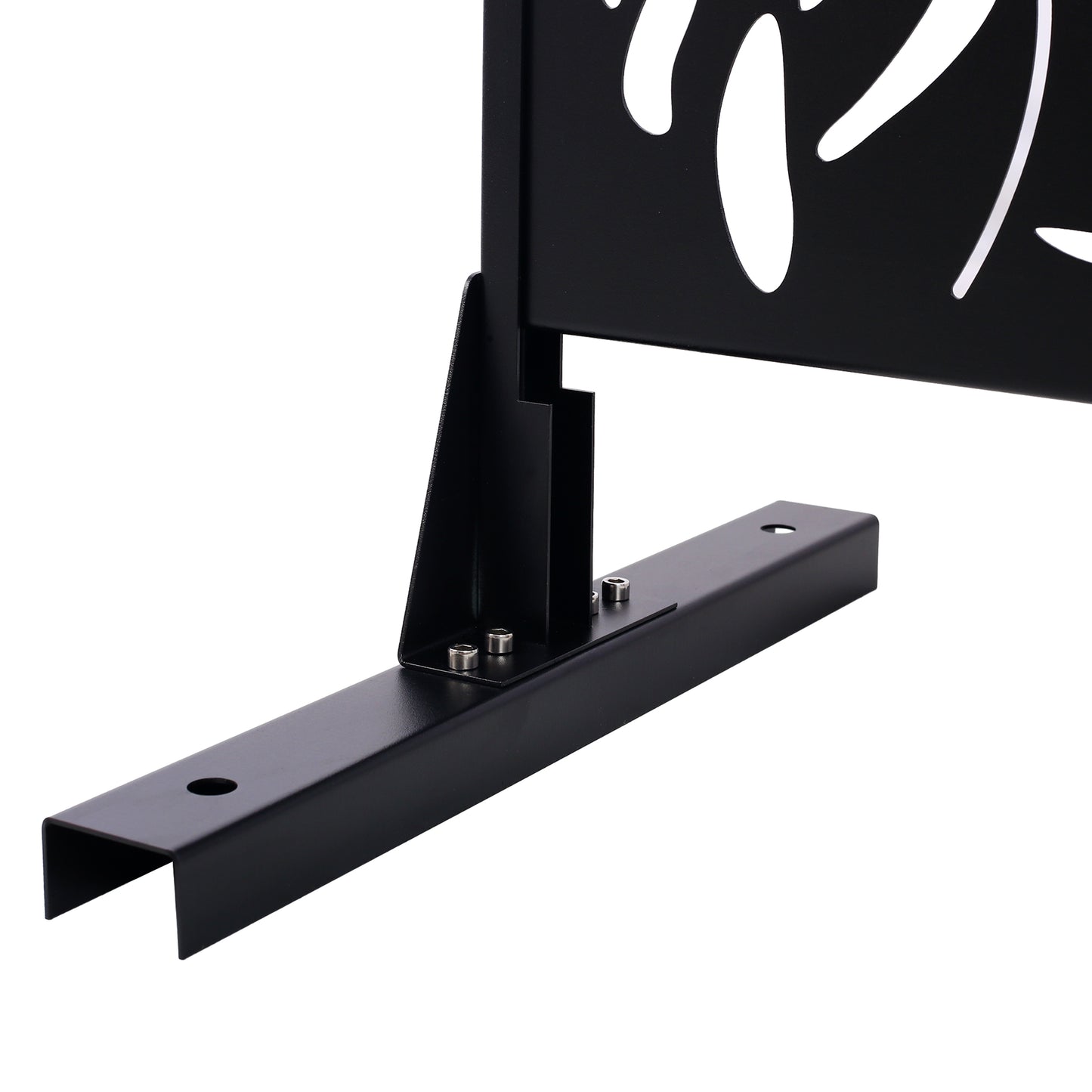 Black metal privacy screen base with predrilled holes for secure installation