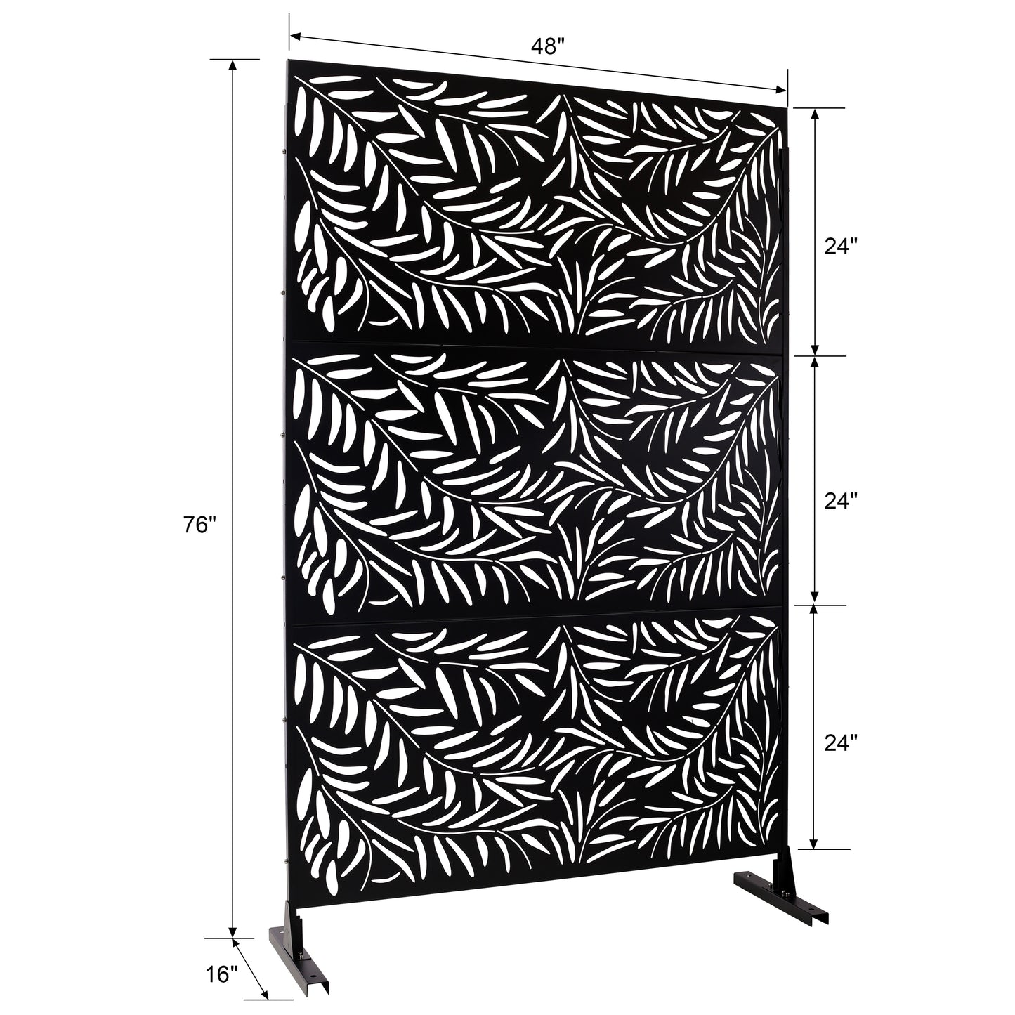 Black metal outdoor privacy screen with intricate white leaf pattern Dimensions shown