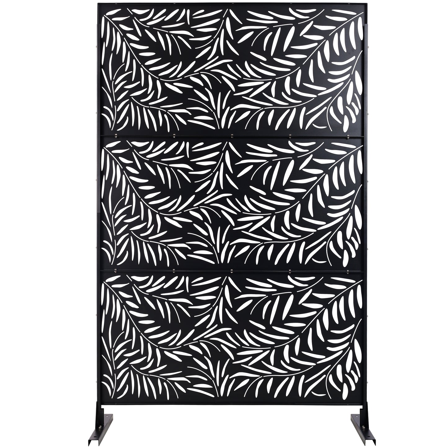 Black metal garden screen with an elegant white leaf pattern