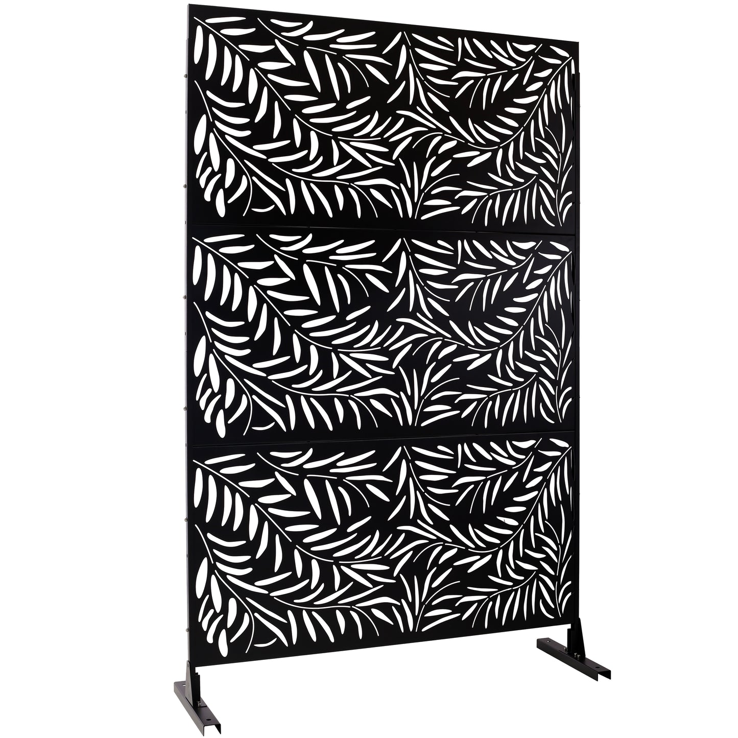 Black metal garden screen with white leaf cutouts offering decorative privacy
