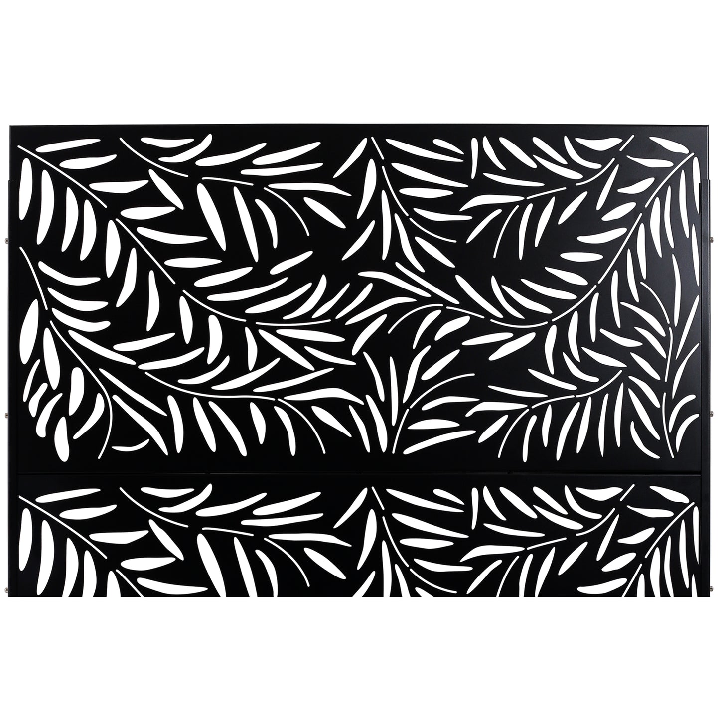Black metal garden screen with an elegant white leaf vine pattern