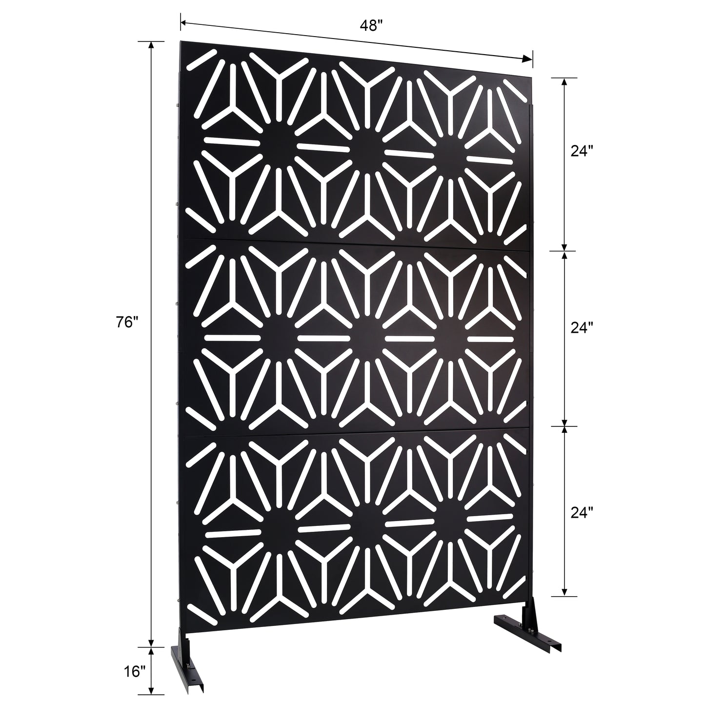 Black geometric metal garden screen with sunburst pattern tall