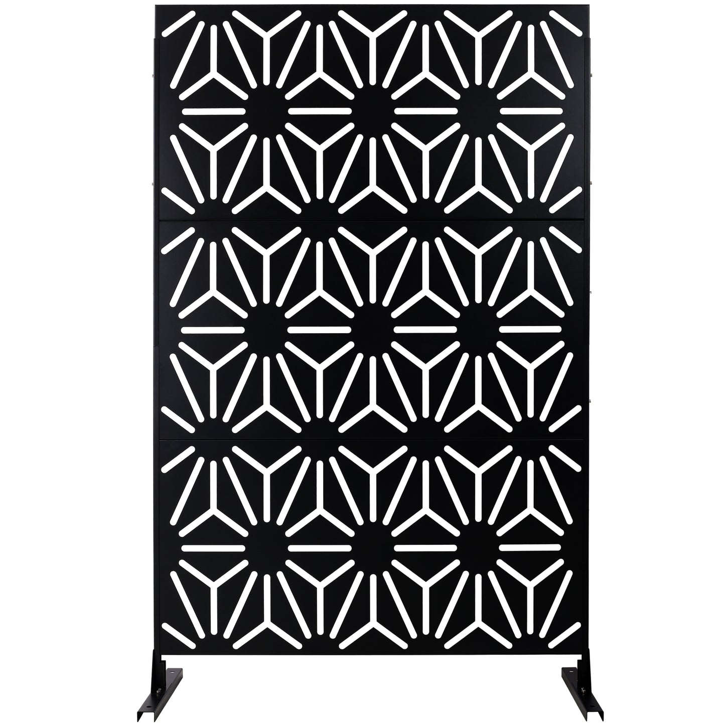 Black metal decorative screen with geometric starburst pattern for garden privacy