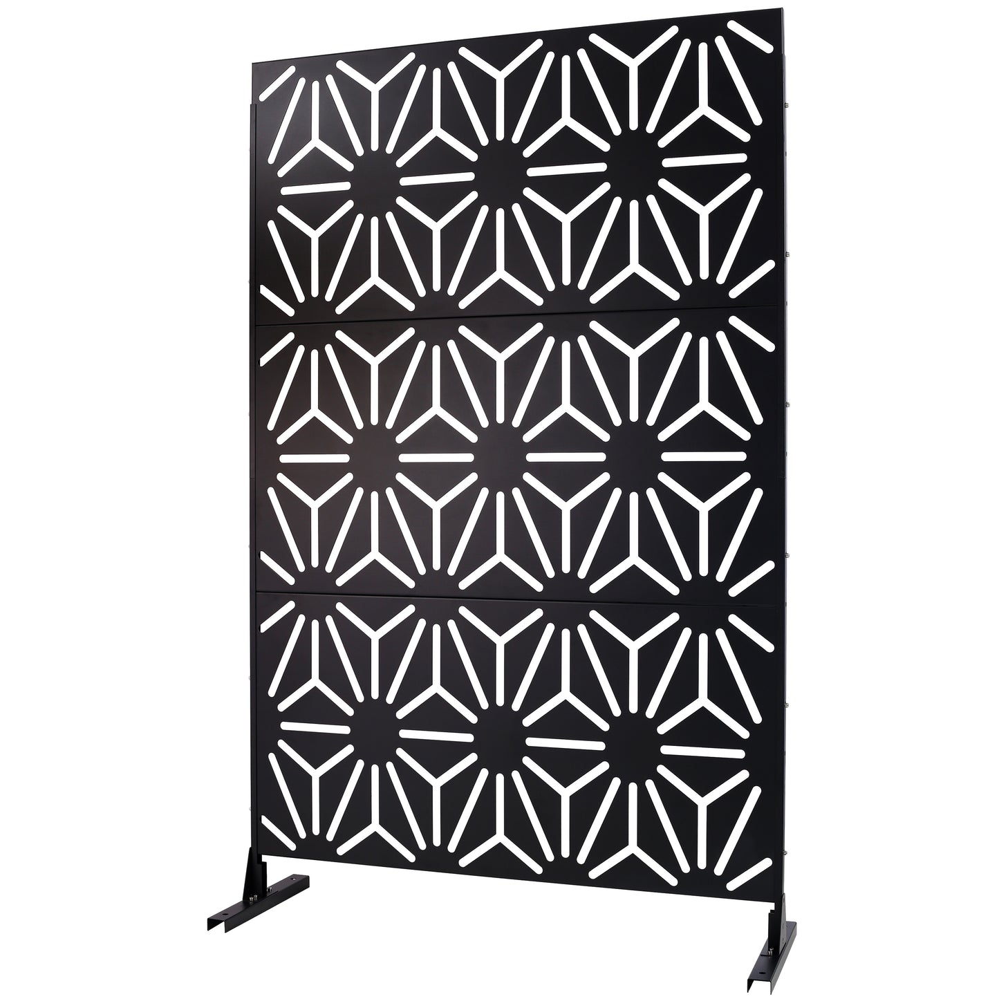 Black metal privacy screen with geometric starburst pattern