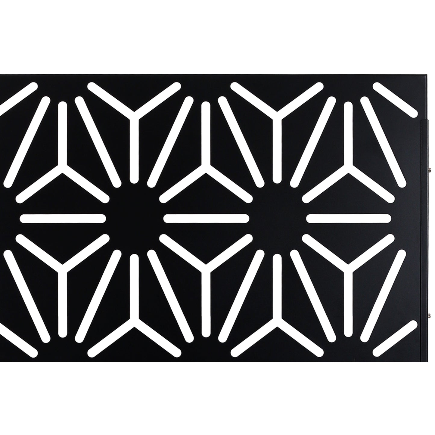 Black metal ventilation grate with geometric hexagonal cutout pattern