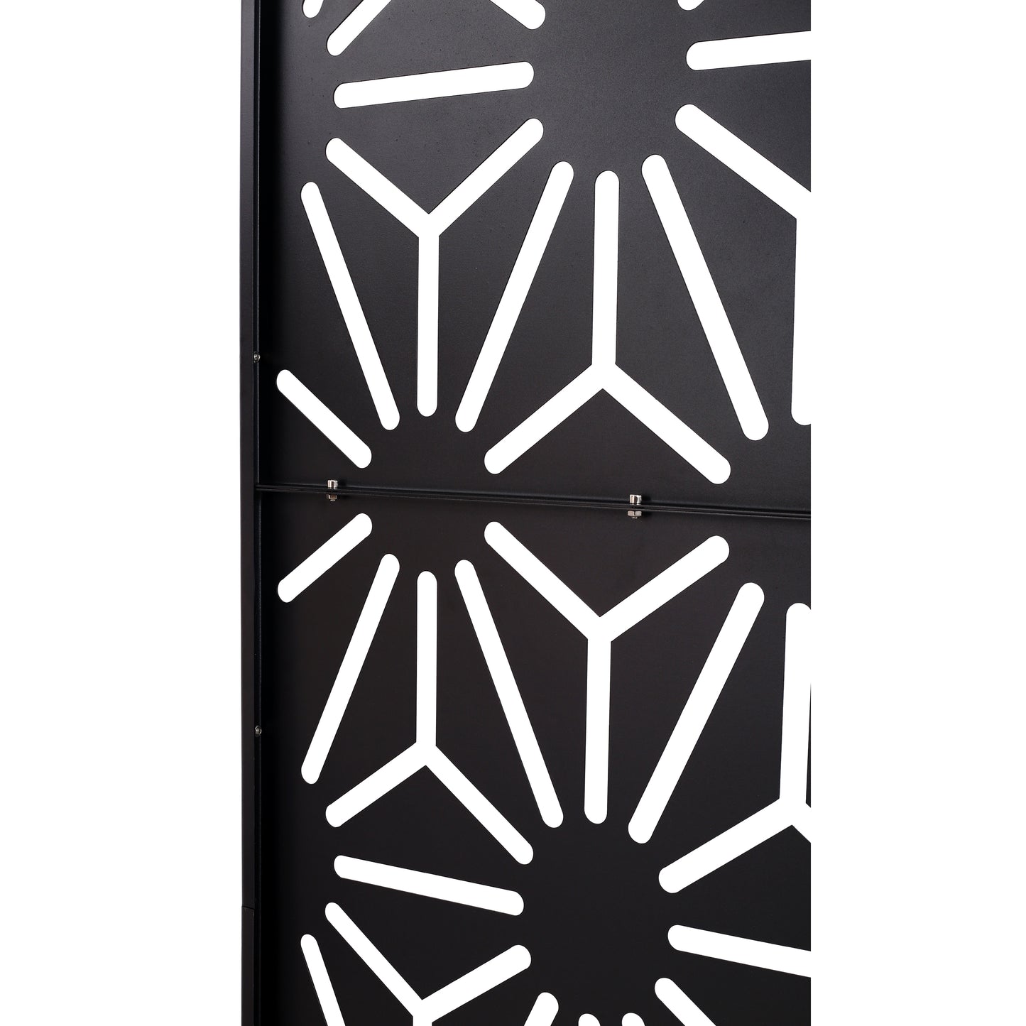 Black metal decorative screen with white geometric pattern