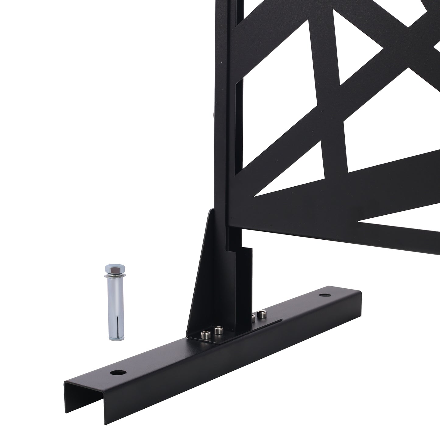 Black metal garden screen base with geometric pattern and anchor bolt accessory