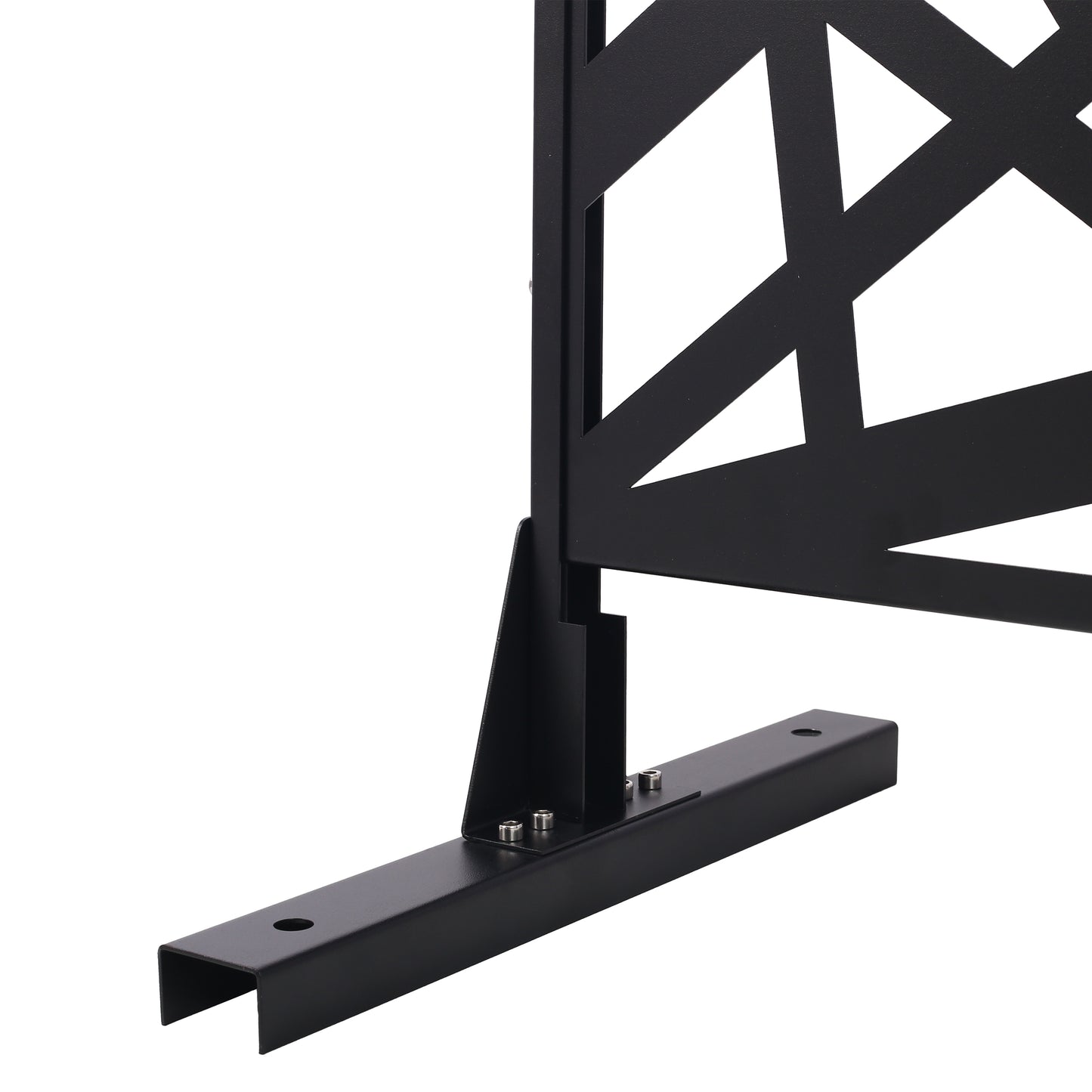 Black metal privacy screen base with geometric cutout pattern