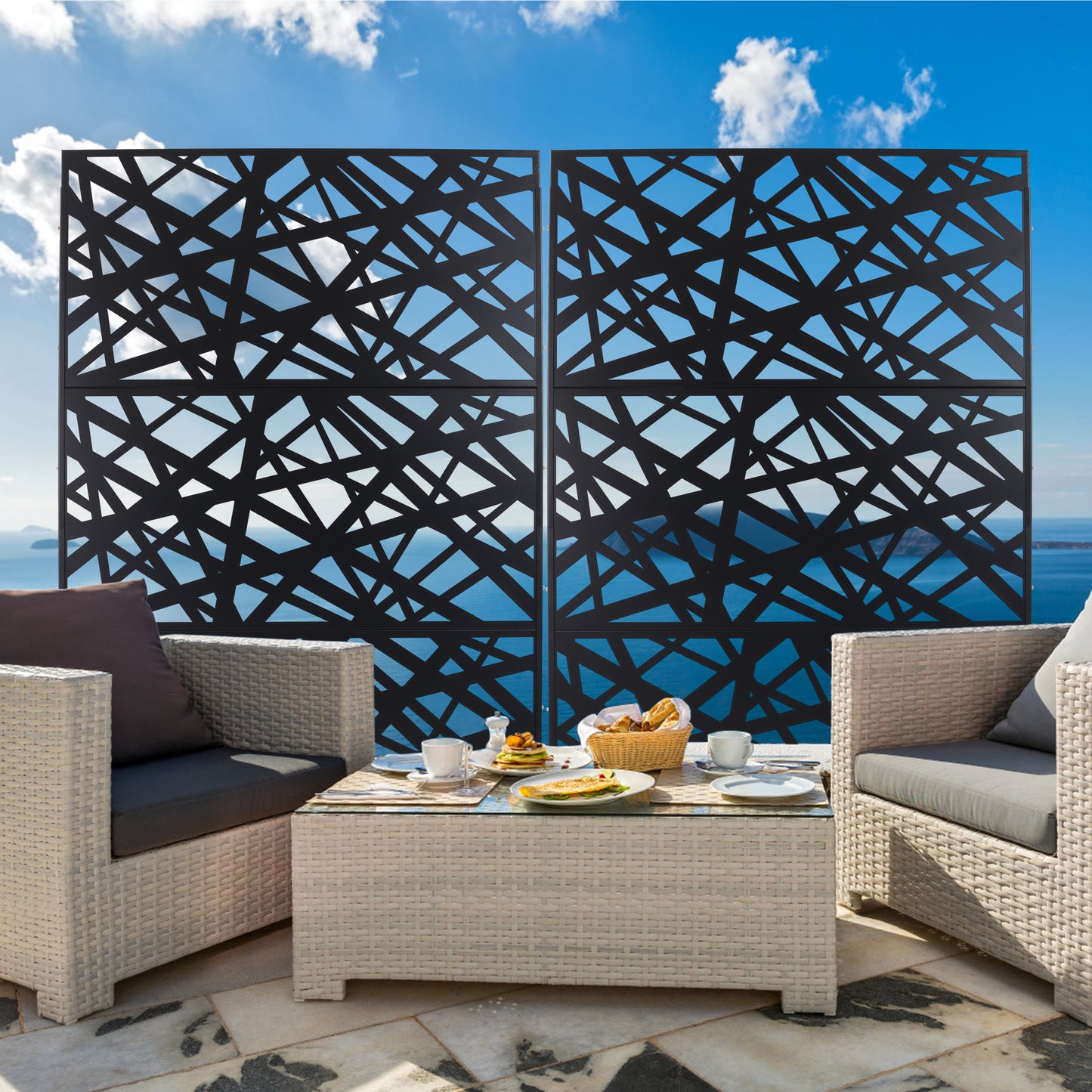 Black lasercut patio screen panels with abstract geometric design